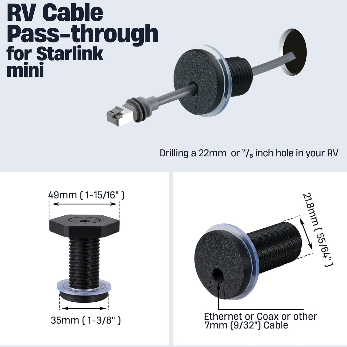 2Pcs RV Cable Passthrough for Starlink mini, RV Cable Grommet Compatible with Starlink, Ethernet, Coax, Water-Resistant and Anti-Drop RV Cable Routing(Black)