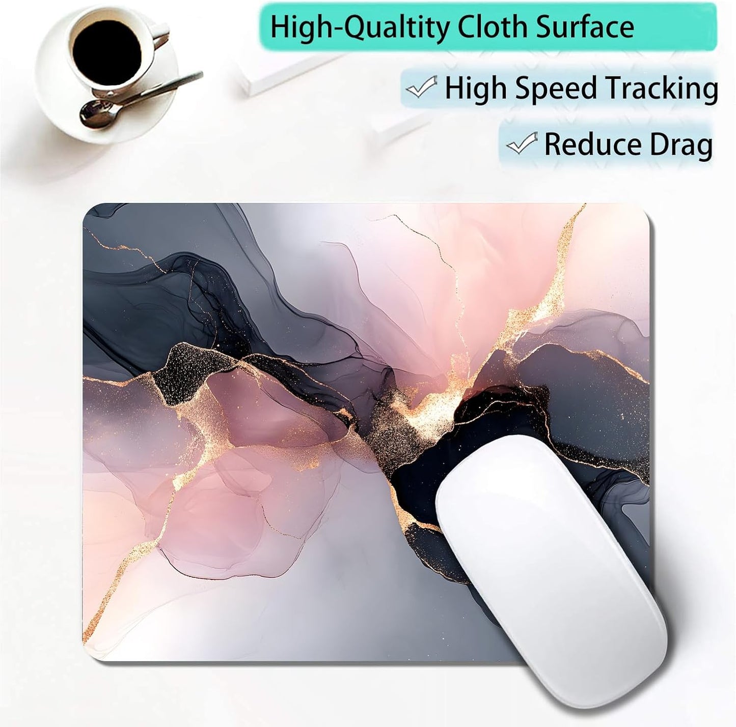 Black Rose Gold Marble Custom Mouse Pad with Non-Slip Rubber, Small Square Design for Wireless Laptop & Computer Mouse Pads for Desk, 9.5 x 7.9 inch Smooth Surface for Gaming & Office
