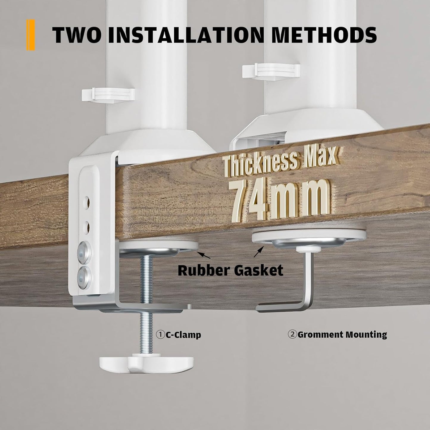 Hemudu Dual Monitor Articulating Desk Mount Arm Stand - Vertical Stack Screen Supports Two 13 to 34 Inch Computer Monitors with C Clamp White
