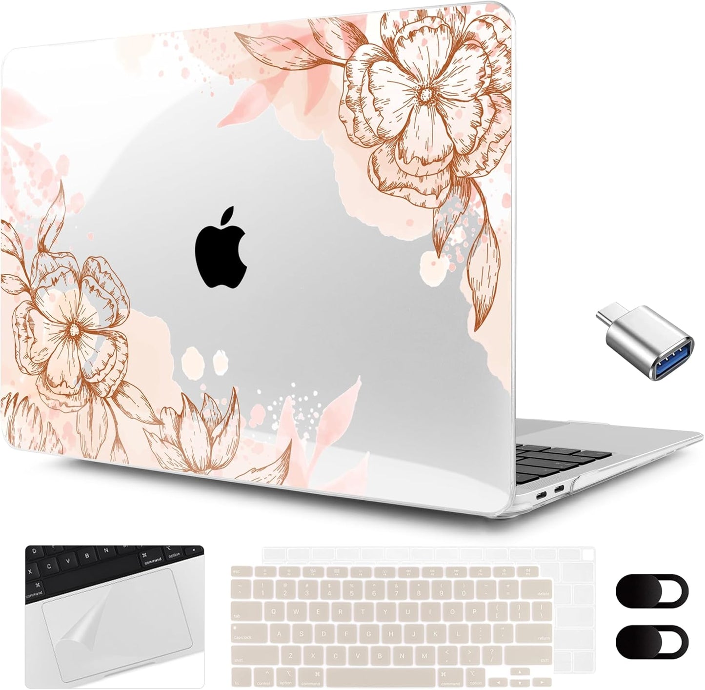 MEEgoodo for MacBook Air 13.3 inch Case 2021 2020 2019 2018 A2337 M1 A2179 A1932,Clear Case for MacBook Air M1, Laptop Shell with Keyboard Webcam Cover & Trackpad Film & Type C Adapter,Floral Elements