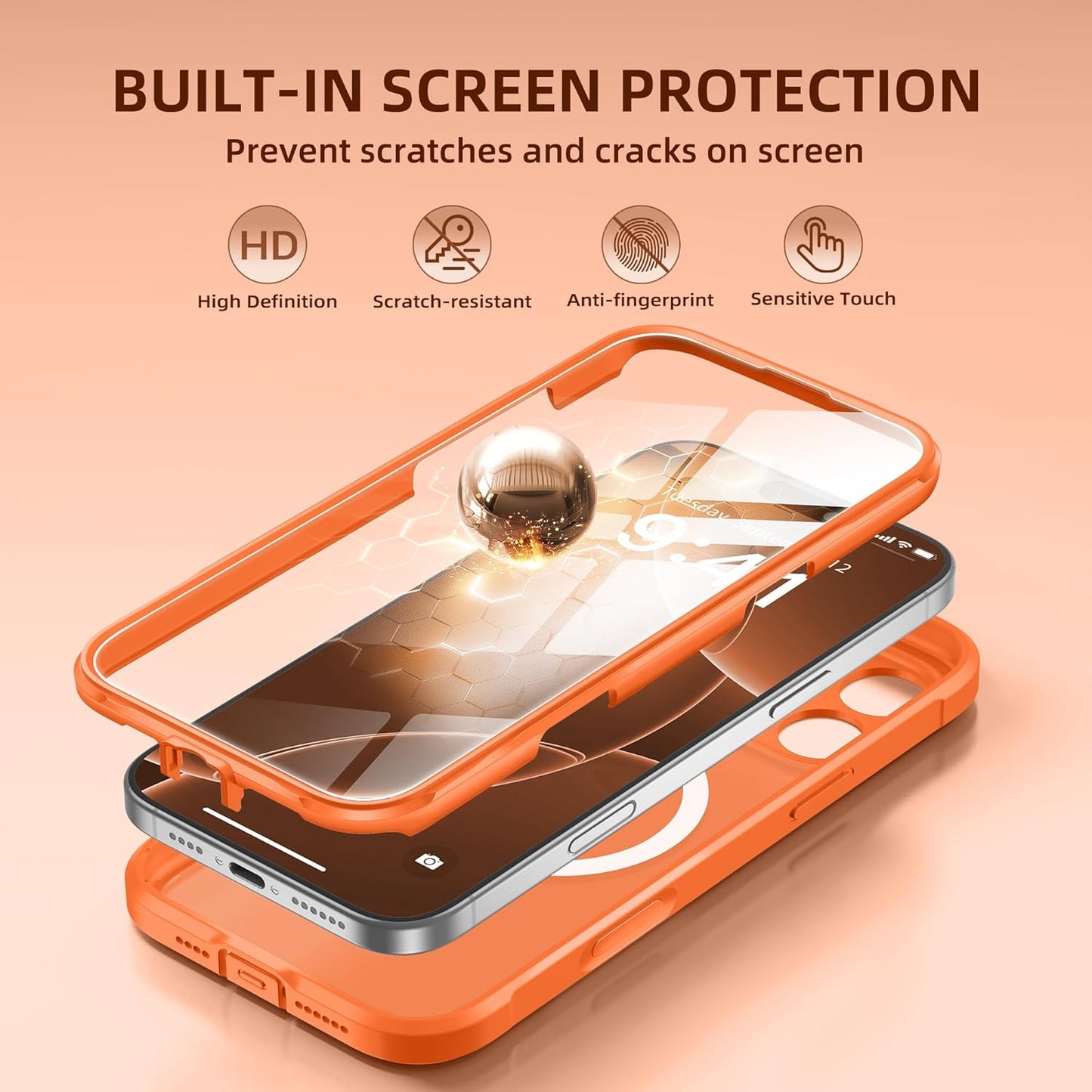 BERFY Magnetic for iPhone 16 Pro Max Case, Compatible with MagSafe, [Built-in 9H Tempered Glass Screen Protector & Camera Protection] Full Body Translucent Matte Phone case for 16 Pro Max, Orange