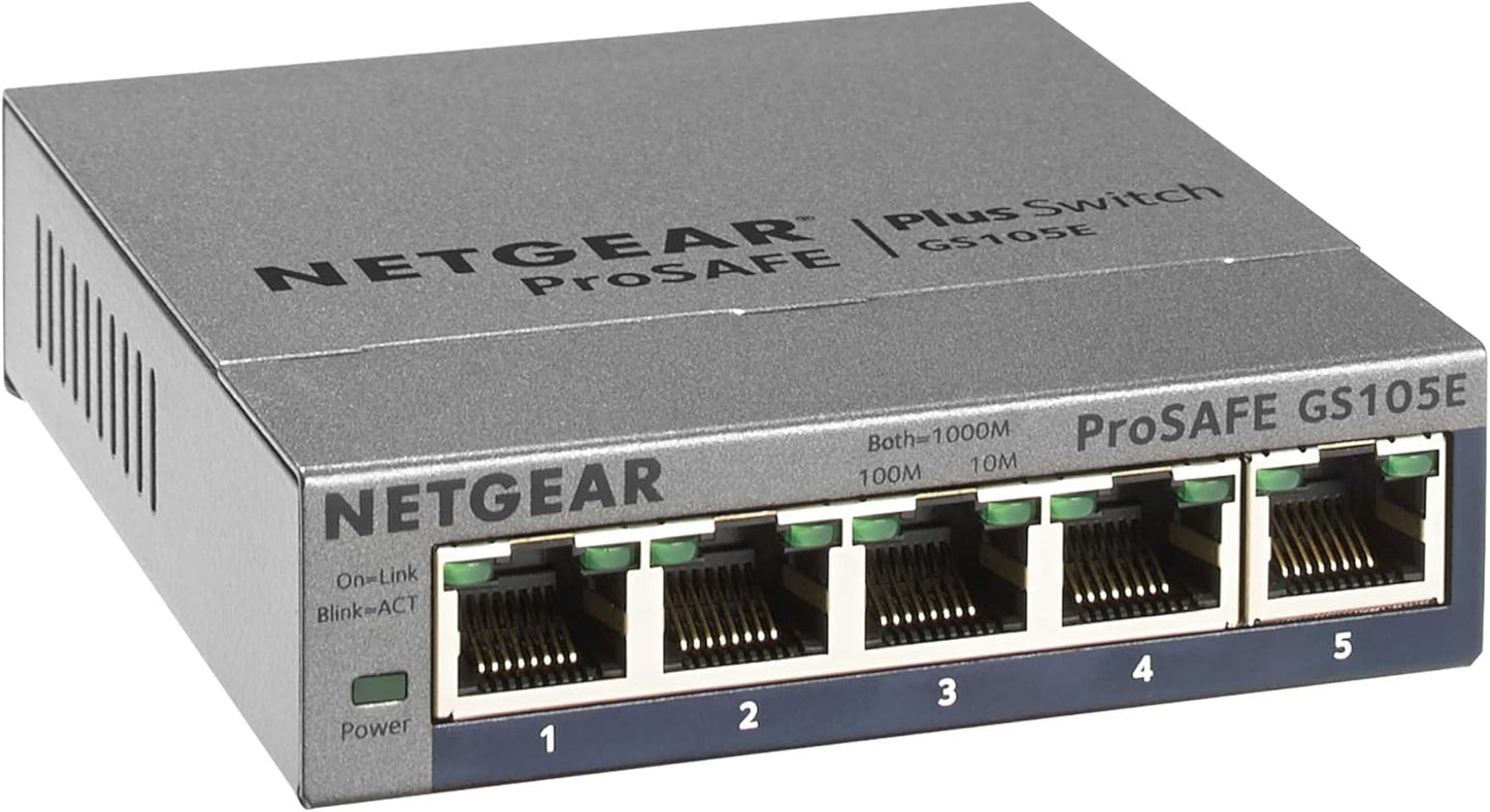 NETGEAR 5-Port Gigabit Ethernet Easy Smart Managed Switch (GS105Ev2) - Managed, Desktop or Wall Mount, and Limited Lifetime Protection