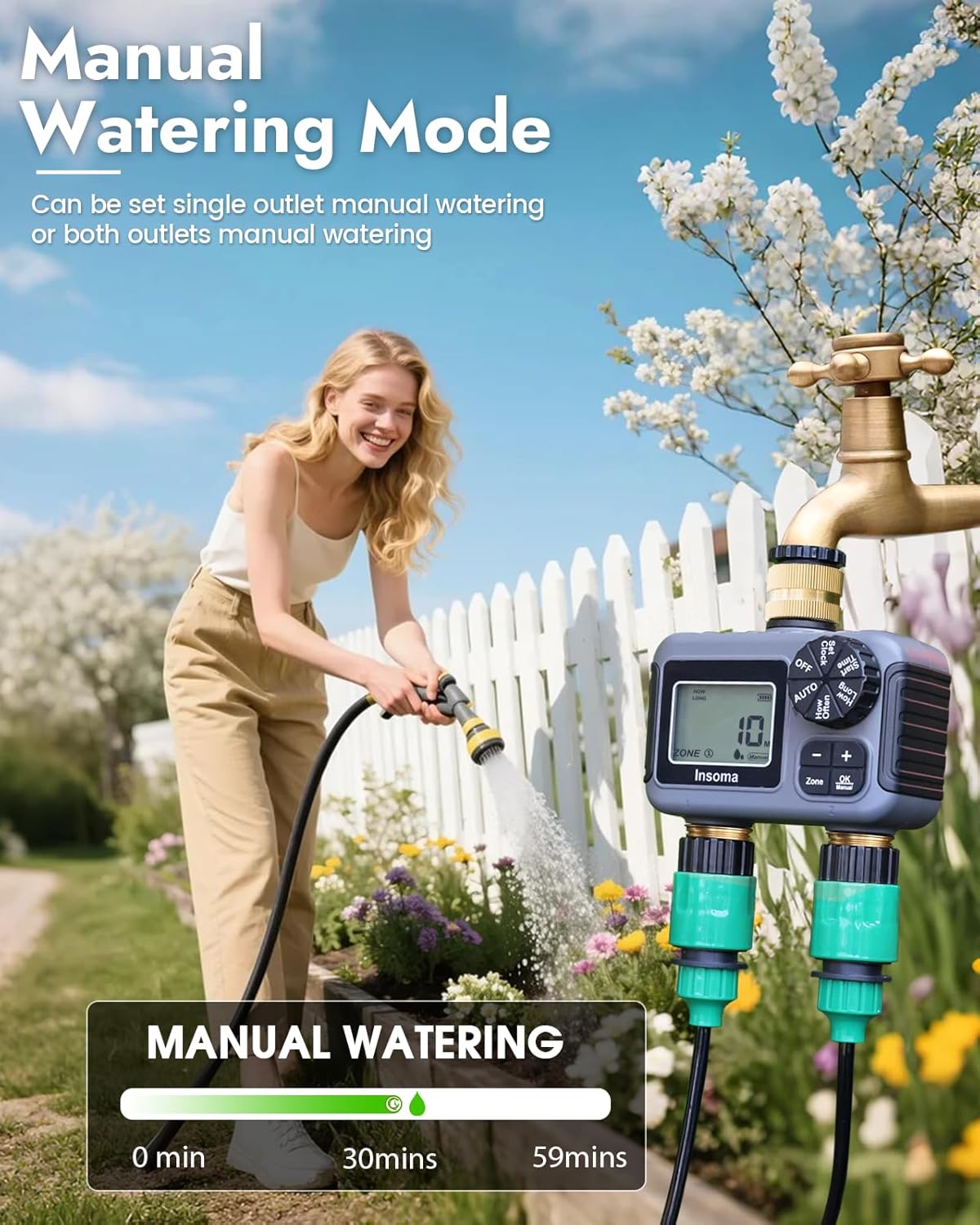 Insoma 2 Outlets Sprinkler Timer with Brass Inlet & Outlet, Water Timer for Garden Hose with Auto/Manual Modes + Rain Delay, Hose Timers for Garden, Yard Lawn, IPX5 Waterproof & Save Water