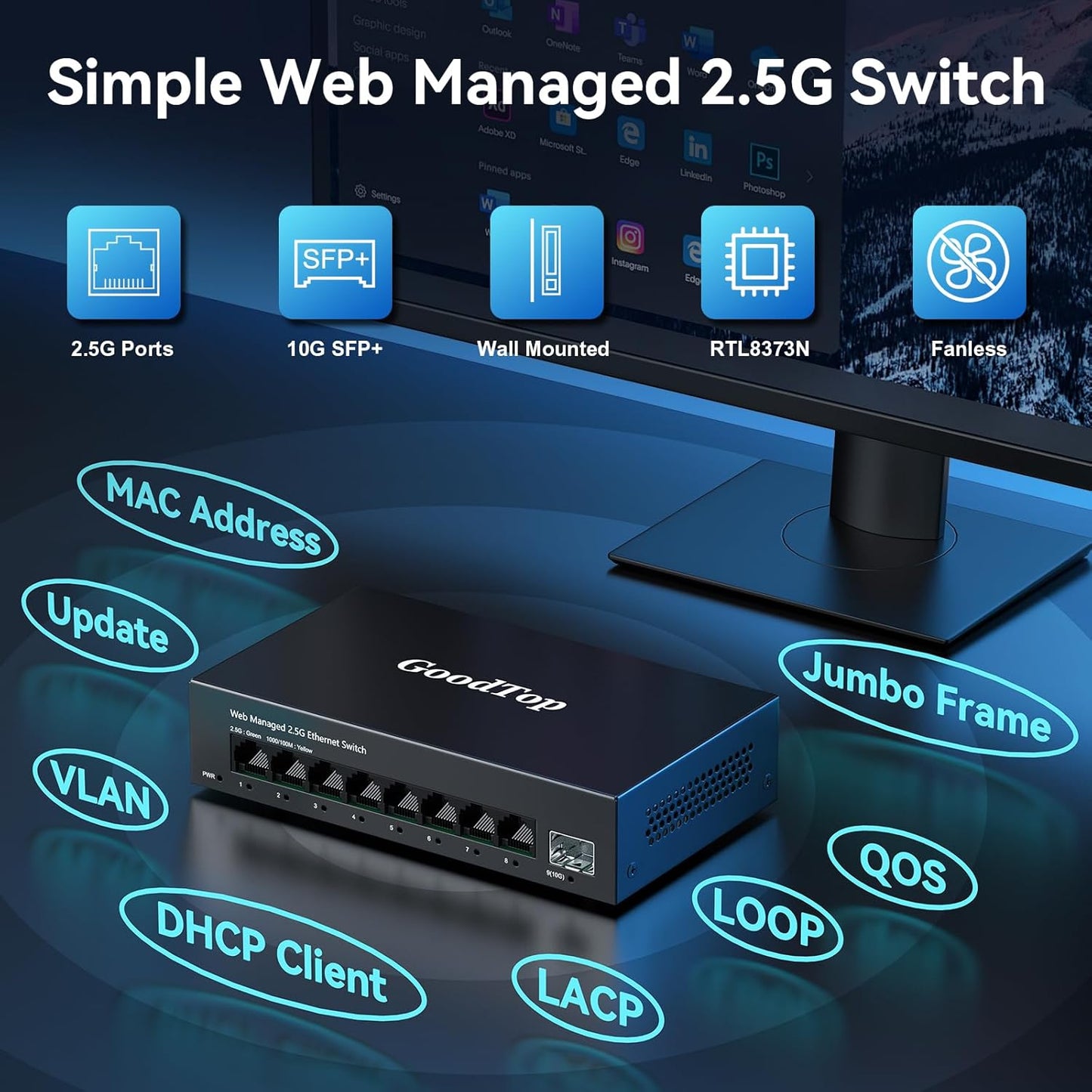 8 Port 2.5G Managed Ethernet Switch with 10G SFP, 8 x 2.5G Base-T Ports, Support LACP/VLAN/QOS/DHCP Client, Metal Web Managed Fanless Network Switch