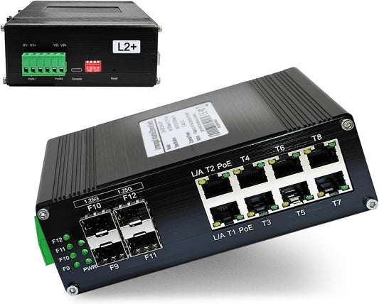 Industrial Managed 8-Port 10/100/1000Base-T PoE Switch with 4-Port 1000Base-X SFP, IEEE 802.3af/at 30W PoE Ethernet Switch, L2 Web Management Support Ring Network by USB-C Port Connection