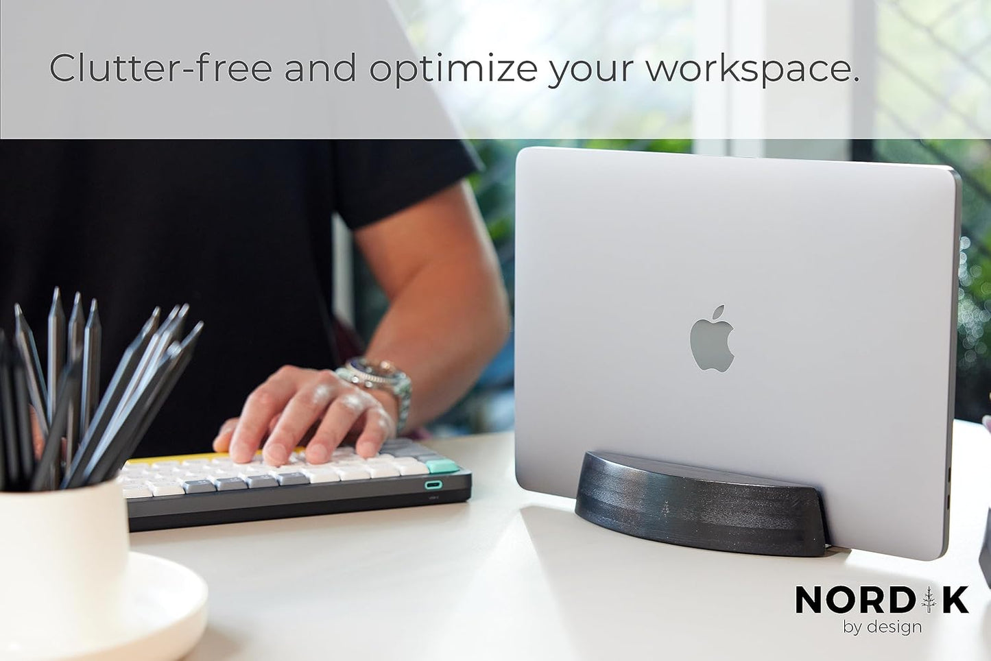 Nordik Vertical Laptop Stand - Black - Premium Laptop Dock and Holder for Home Office, Software Engineers - Space Saving Desk Dock for Mac Users and Laptop Users - Stable Non-Slip Wood Stand