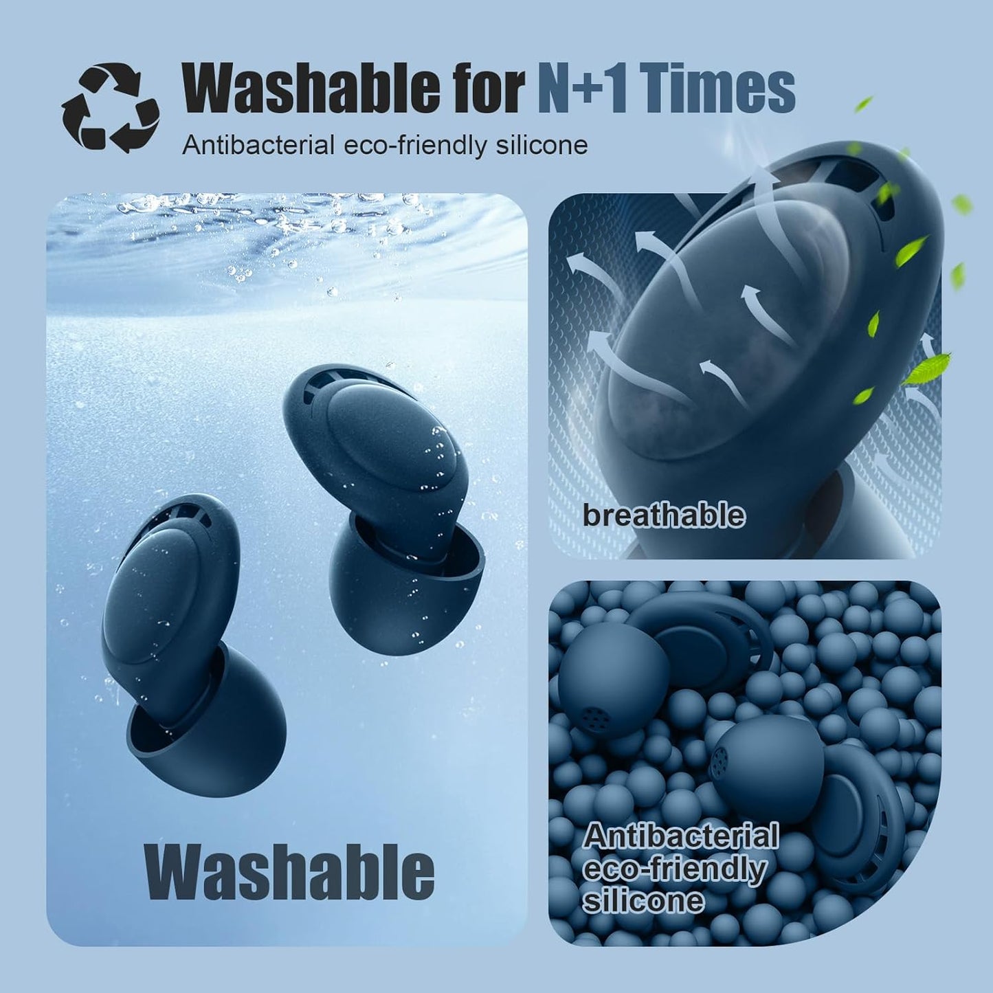 Ear Plugs for Sleeping Noise Reduction, Beinkap Reusable Earplugs Hearing Protection for Focus, Study, Work – 6 Pair Eartips in S/M/L – Flexible Silicone Soft – 35dB Noise Cancelling - Blue