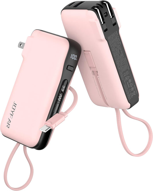 1 Pack Portable Charger with Built-in USB-C Cable & Plug, 10,000mAh 5V/4.5A Power Bank Fast Charging 22.5W, Travel Essential Battery Pack 3 Output for iPhone 16/15 Series, Samsung Galaxy, iPad