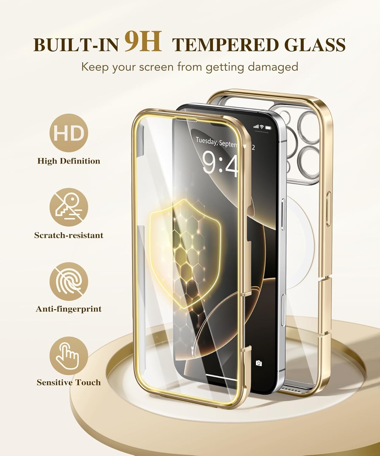 BERFY Magnetic for iPhone 16 Pro Max Case, Compatible with MagSafe, [Built-in 9H Tempered Glass Screen Protector & Upgraded Camera Protection] Full Body Plating Phone case for 16 Pro Max,Titanium Gold