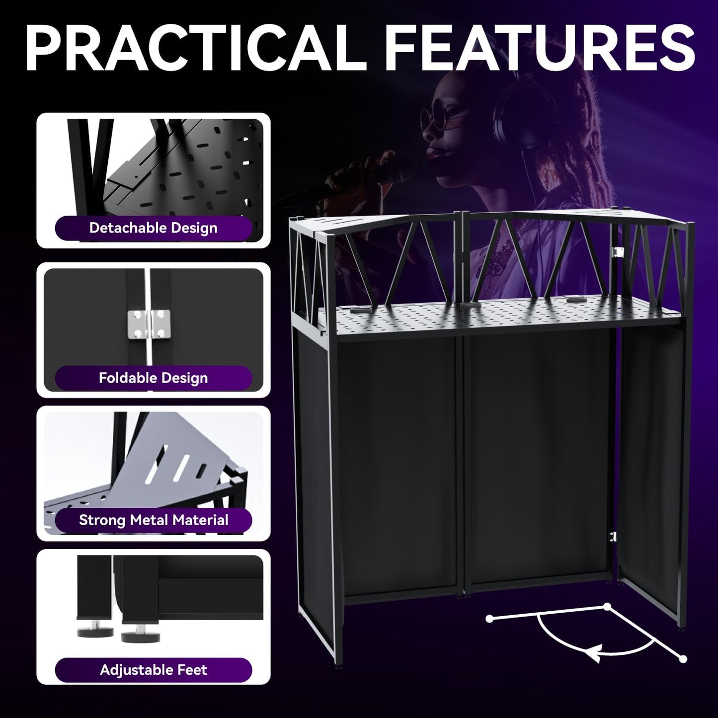 DJ Table Stand Portable booth, Foldable DJ Stand Booth, Heavy-Duty Adjustable Height DJ Facade Booth, Easy to Assemble, Stylish, Convenient to Store and Transpor