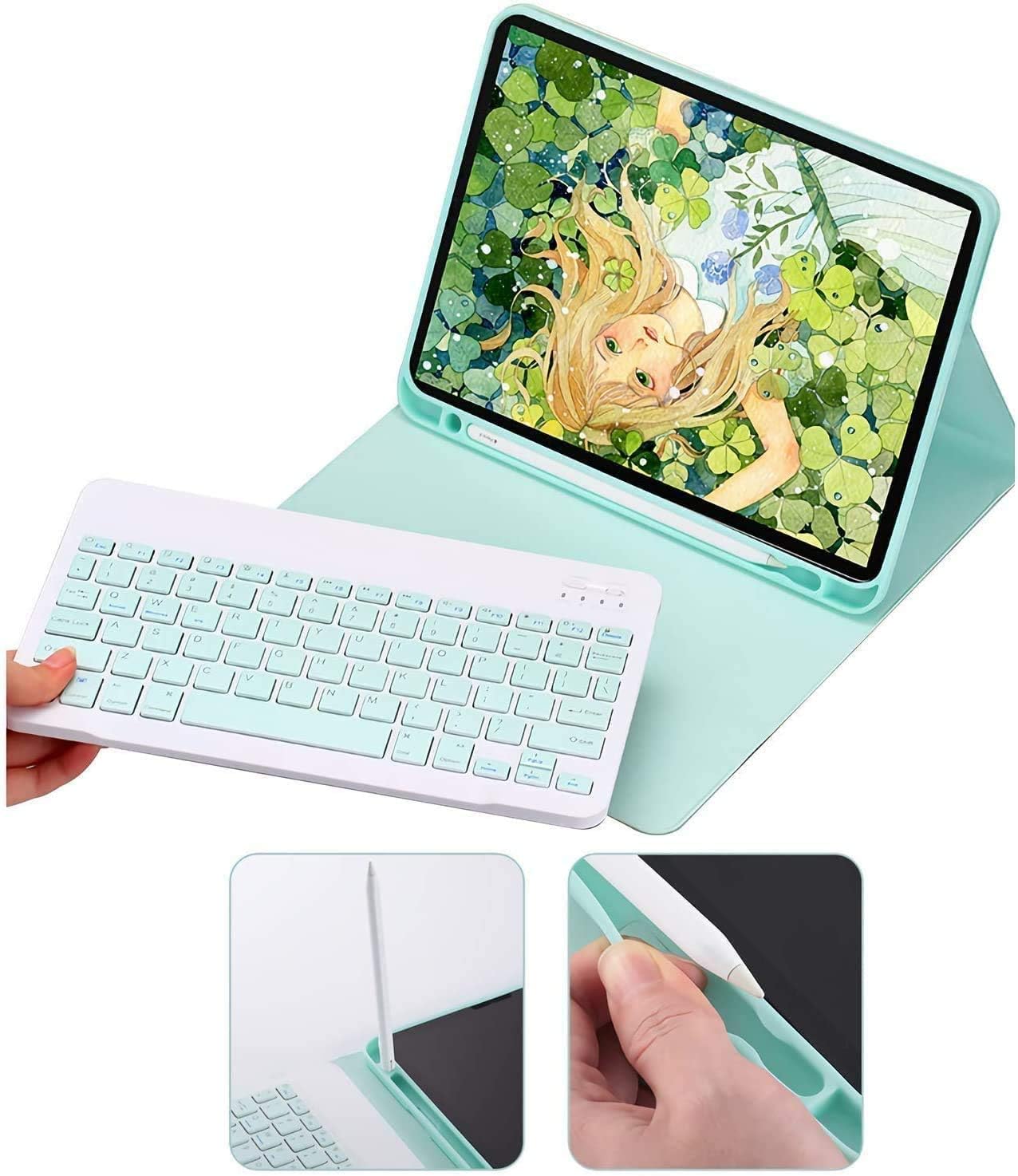 AnMengXinLing Lovely Keyboard Case for iPad 9th/8th/7th Generation with Mouse,Case for iPad9 iPad8 iPad7 10.2 inch with Pencil Holder and Deatachable Keyboard Mouse, Sky Blue