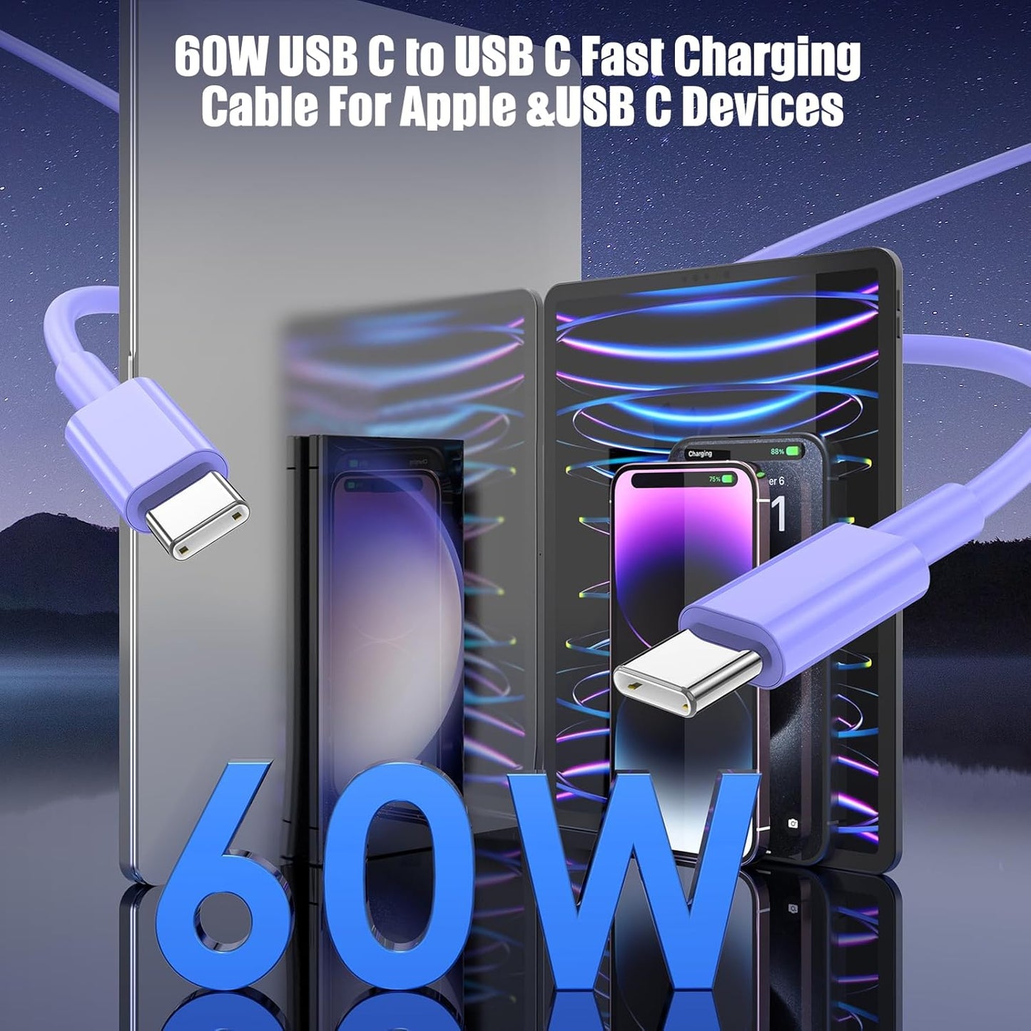 3-Pack Purple [3.3FT+6.6FT+10FT] 60W USB C to USB C Cable, Type C Fast Charging Cable for iPhone 16 15 Pro Plus Pro Max，for Galaxy S24 S23, for iPad Pro/Air, for MacBook Pro/Air and More