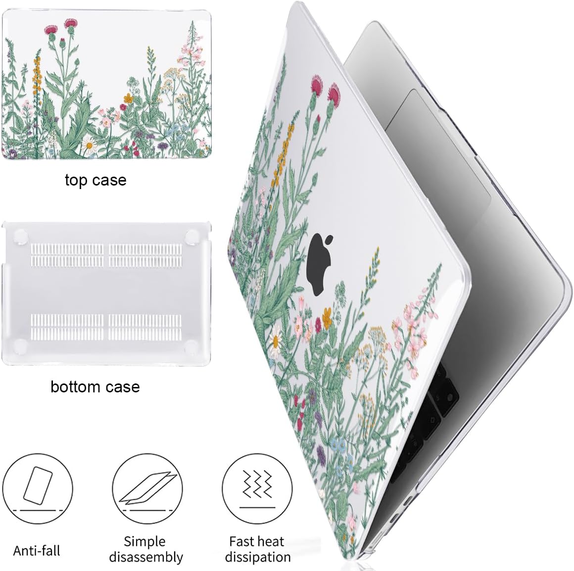 Compatible for MacBook Air 13.6 inch Case M4 M3 M2 2025 2024-2022 Release Model A3240 A3113 A2681, Printed Plastic Protective Hard Shell Cover for MacBook Air M4 13", Green Plants Flowers
