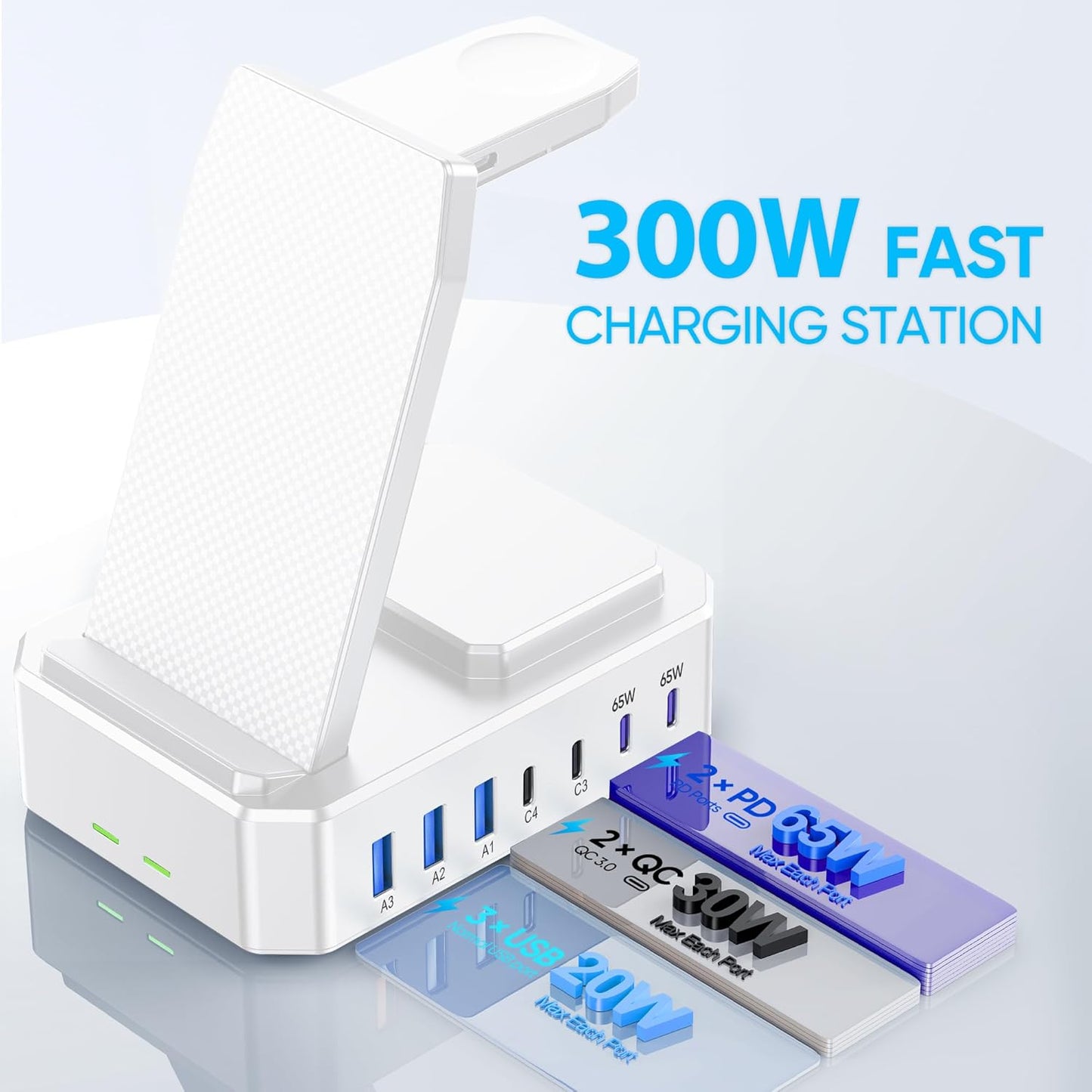 300W Charging Station for Multiple Devices Apple, Zutspzss 10 in 1 Wireless Charger for iPhone 16, GaN III USB C 65W PD Fast Charging Stand Dock for MacBook, Apple Watch&Airpods,White