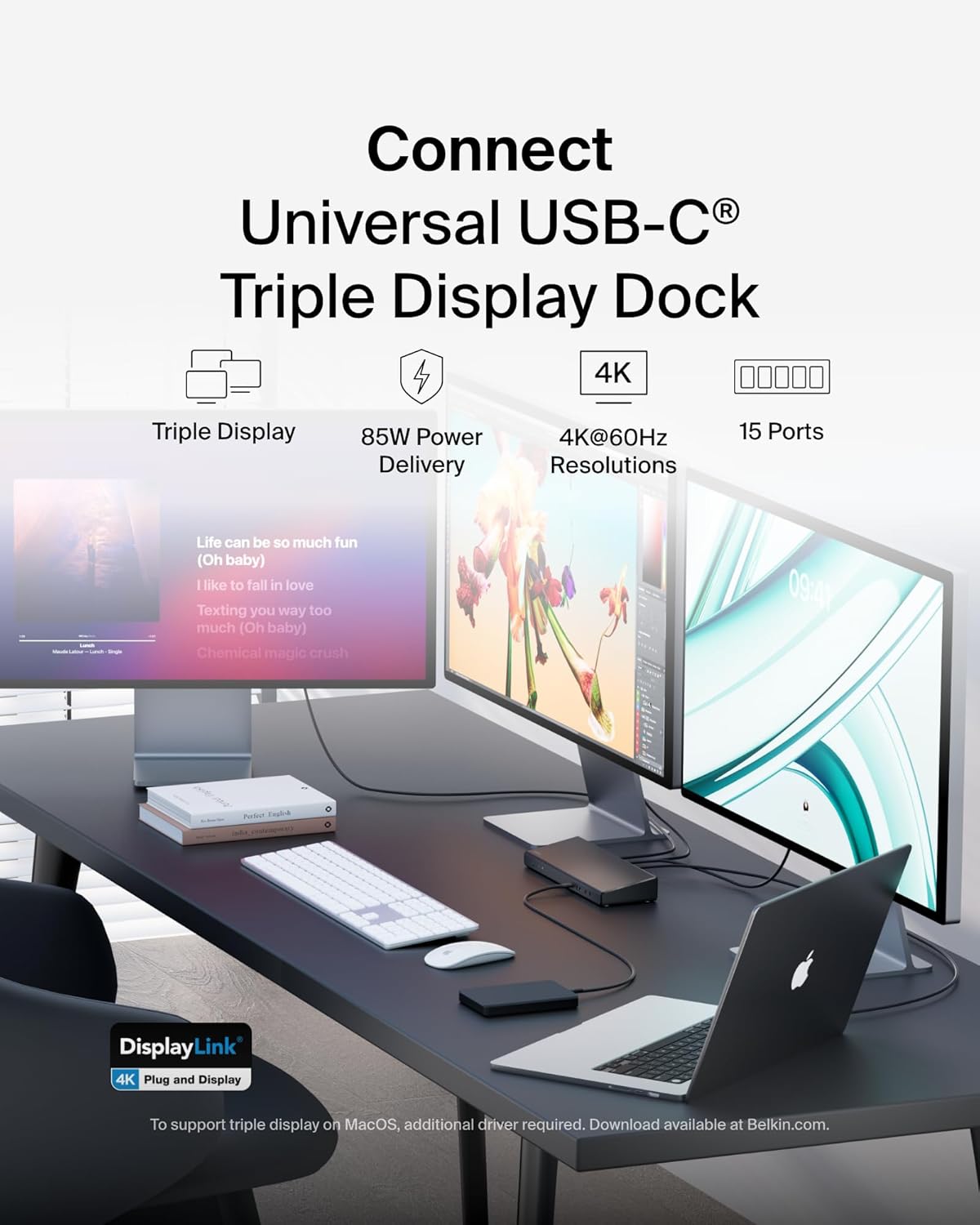 Belkin 15-in-1 Universal Triple Display DisplayLink Docking Station Hub w/ 3 HDMI Ports, 2 DisplayPorts for Triple 4K Display w/ 85W PD, Gigabit Ethernet, 3.5mm Mic/Speaker, 1 USB-C, & 5 USB-A Ports