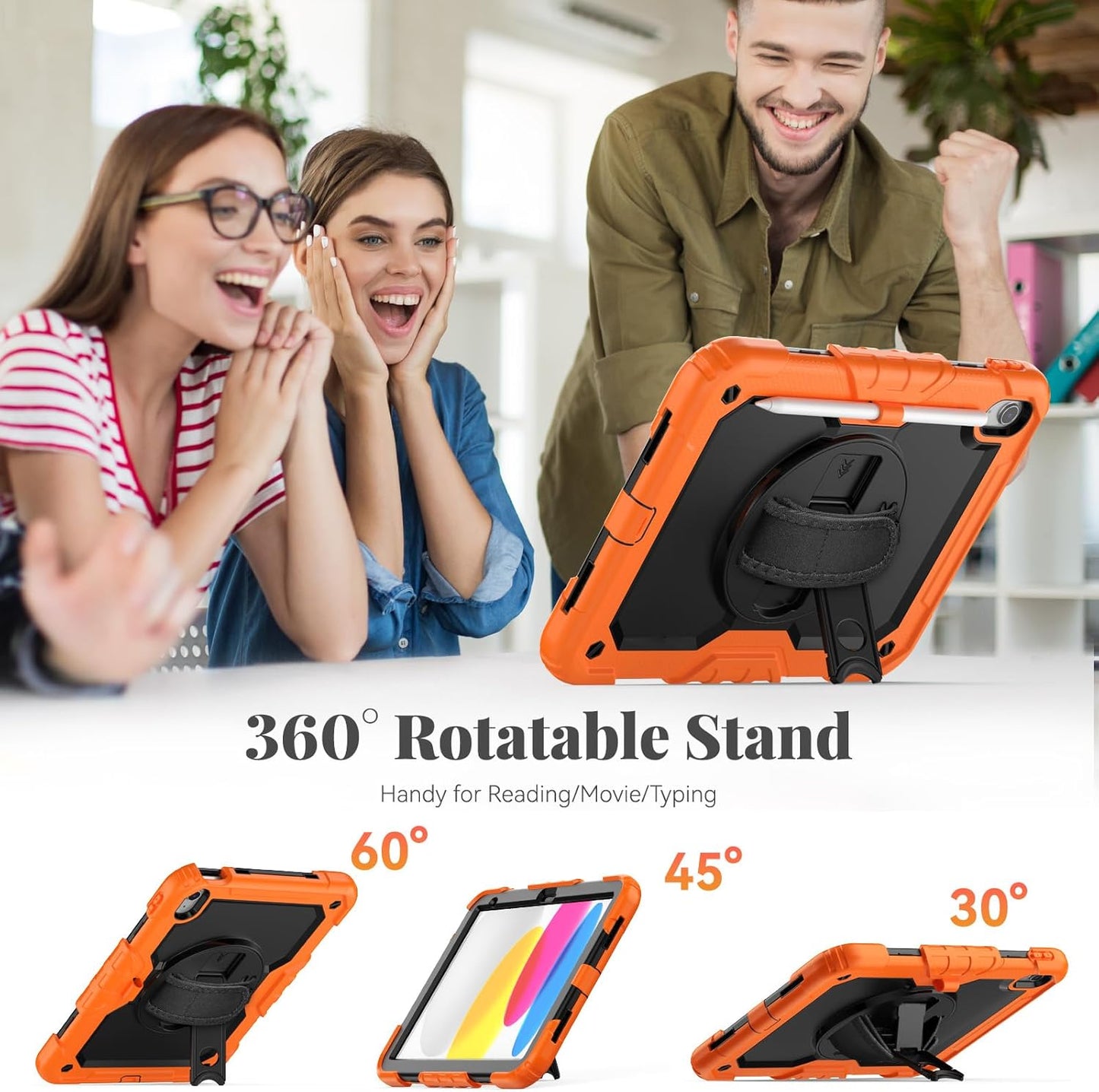 BLOSOMEET Case for iPad A16 11th/10th Generation 11''/10.9'' 2025/2022 with Tempered Glass Screen Protector & Pencil Holder, Rugged Military Grade Cover w/Stand Hand Shoulder Strap, Orange