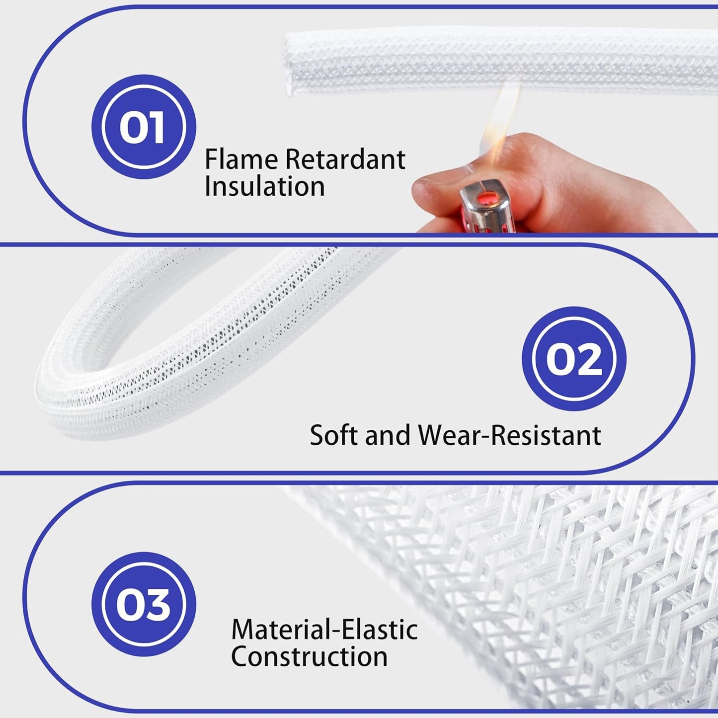 Cable Management Sleeves 1.5in - 2 Pack 4.1ft Split Braided Cable Sleeve White, Wire Organizers for Cords, Hard PE Cord Protectors from Pets, Flexible Cord Wrap Wire Sleeve for Computer Cord Organizer