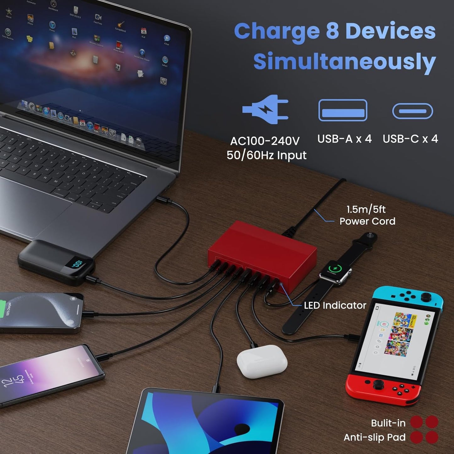 200W USB C Charger Block, 8-in-1 GaN III USB C Charger Fast Charging Station Hub, PD 65W Laptop Adapter for MacBook Pro/Air/Dell XPS/iPhone 16/15/14/iPad/Galaxy S24 etc