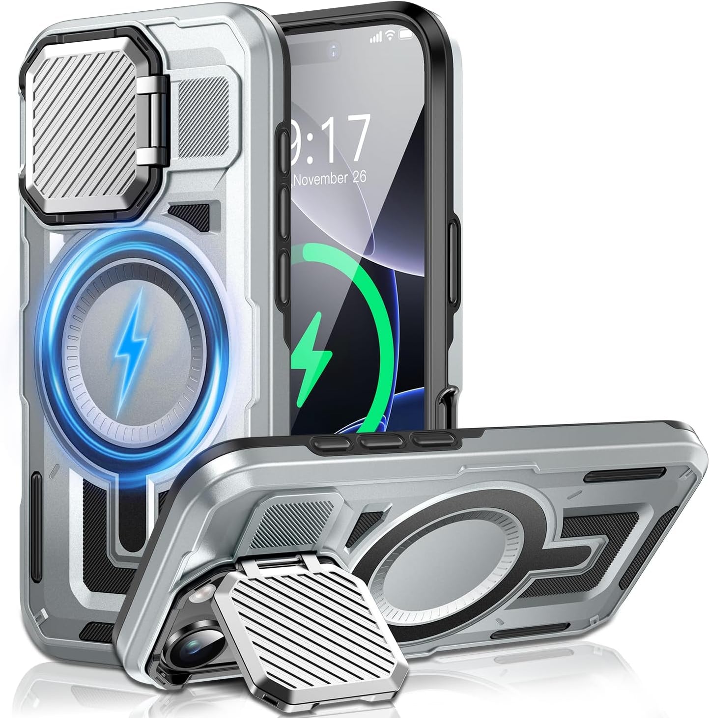 Camera Stand Case for iPhone 16 Pro Max, [Compatible with MagSafe] [Lens Cover] 2024 Version Military Grade Protective Soft Case for iPhone 16 Pro Max 6.9 inch Men Women, Grey