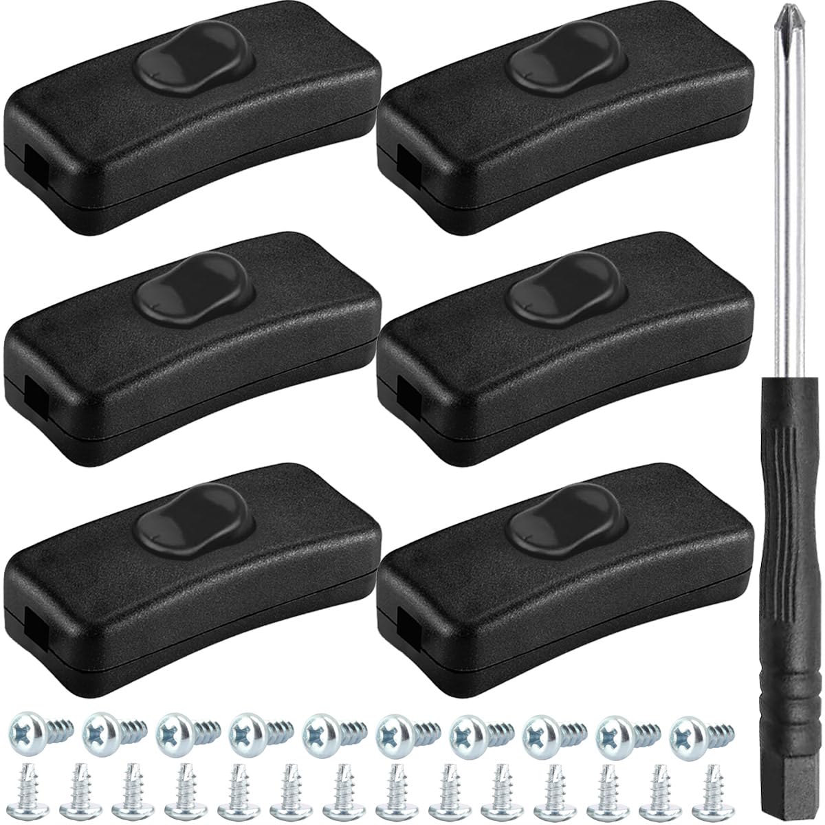 6PCS Inline Cord Switch AC 250V 2A Appliance Switch Replacement Button Control Rocker ON Off DPST with Cross Screwdriver Screw, for Bedroom Table Lamp Desk LED Lights OJ-318 Black