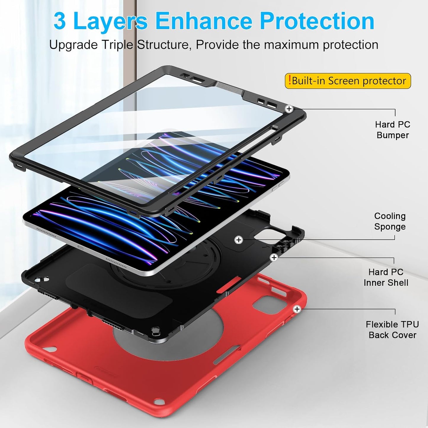 Case for iPad Pro 11 Inch 2022/2021/ 2020/2018: Cover for iPad 11 Inch 4th/ 3rd/ 2nd/ 1st Generation with Screen Protector- Stand- Handle- Shoulder Strap- Pencil Holder Red