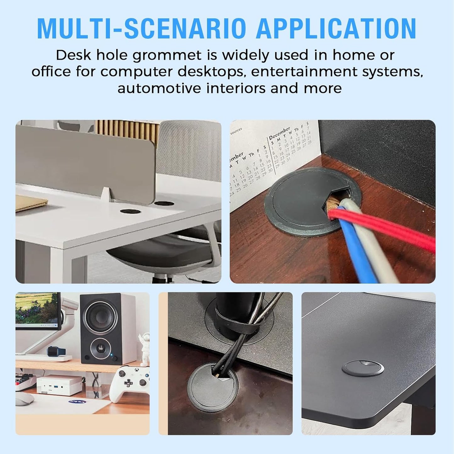 Desk Grommet 2" (50 mm), Desk Cord Hole Cover, Cable Grommet ABS Plastic, Desk Hole Grommet for Office and Home Table Cable, Detachable Adjustable Cable Cord Organizer (Black 2 Pcs)