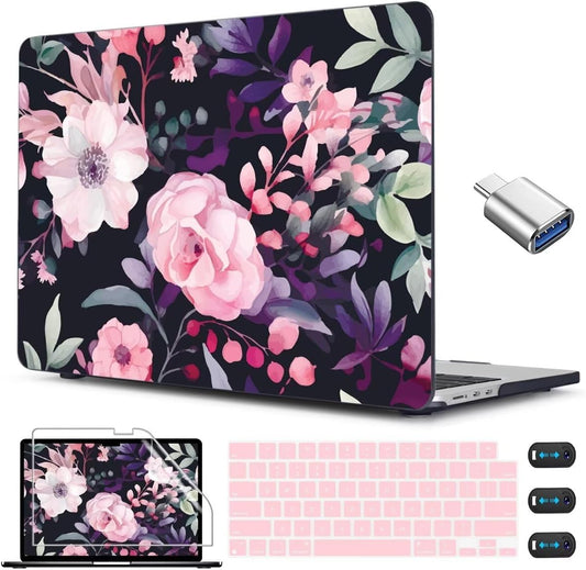 CISSOOK Compatible with MacBook Air 13.6 inch Case 2025 2024 2022 Release Model A3240 A3113 A2681, Flower Plastic Hard Shell Case Black Cover for MacBook Air 13 inch M2 M3 M4 - Pink Flowers