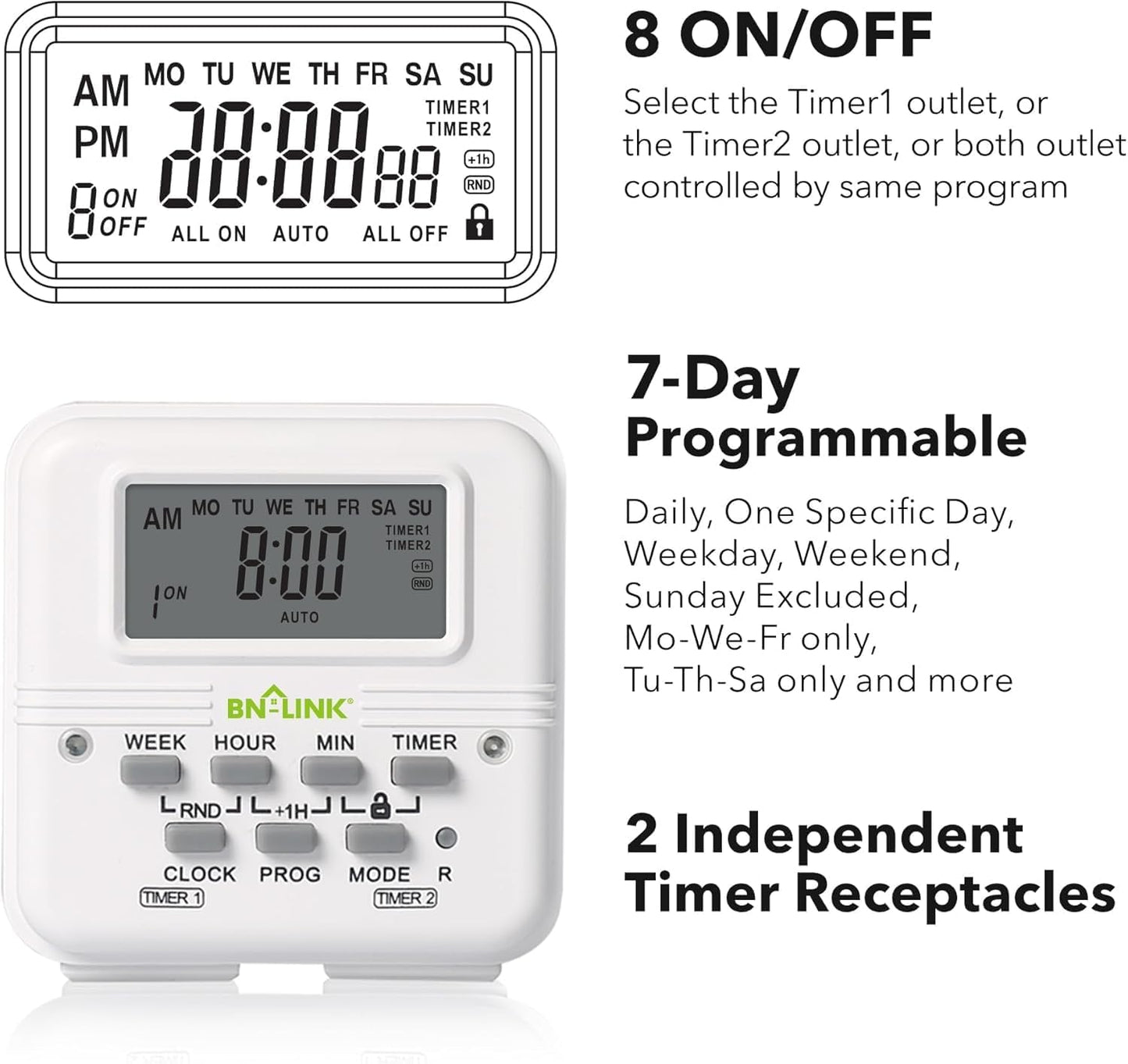 BN-LINK Digital Timer Outlet 7 Day Programmable Digital Outlet Timer with 2 Independent Outlets 3-Prong Mini Indoor Easy Set Stackable Plug-in for Lights Lamps Fans Accurate 8A/1000W 1/3HP