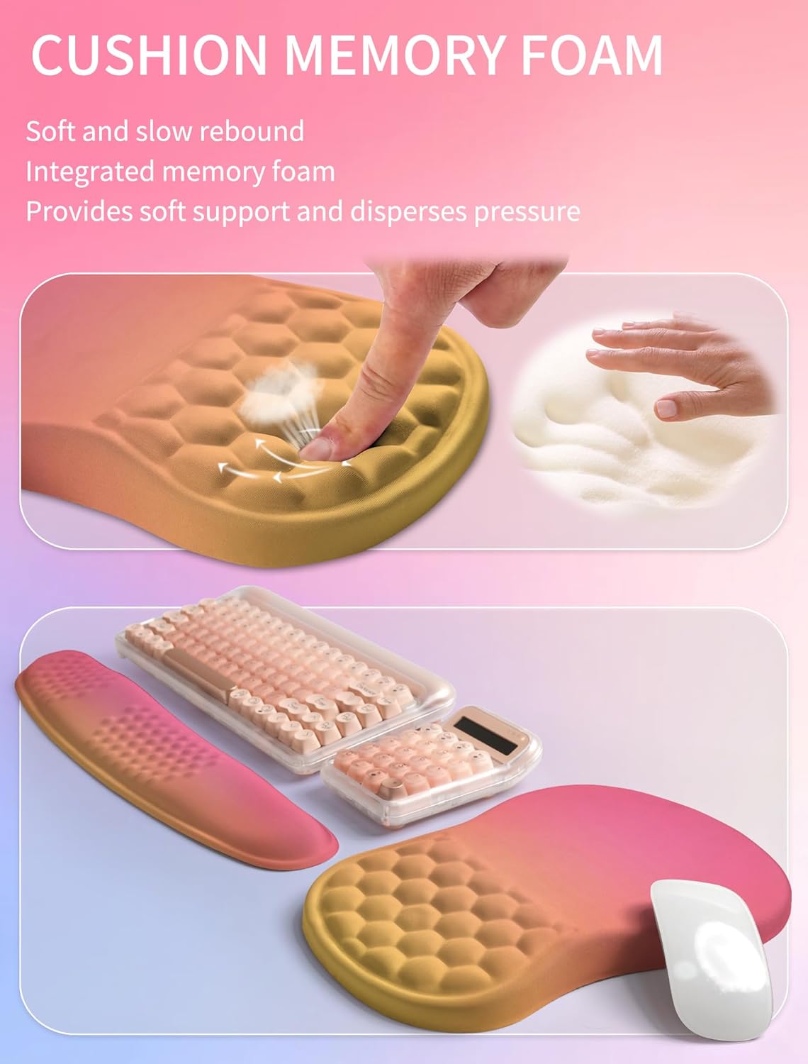 Hokafenle 2in1 Combination, Wave Keyboard Wrist Rest and Ergonomic Curvature Mouse Pad Wrist Support for Relieve Wrist Pain, Filled with Soft Cushion Memory Foam, Sunset Glow