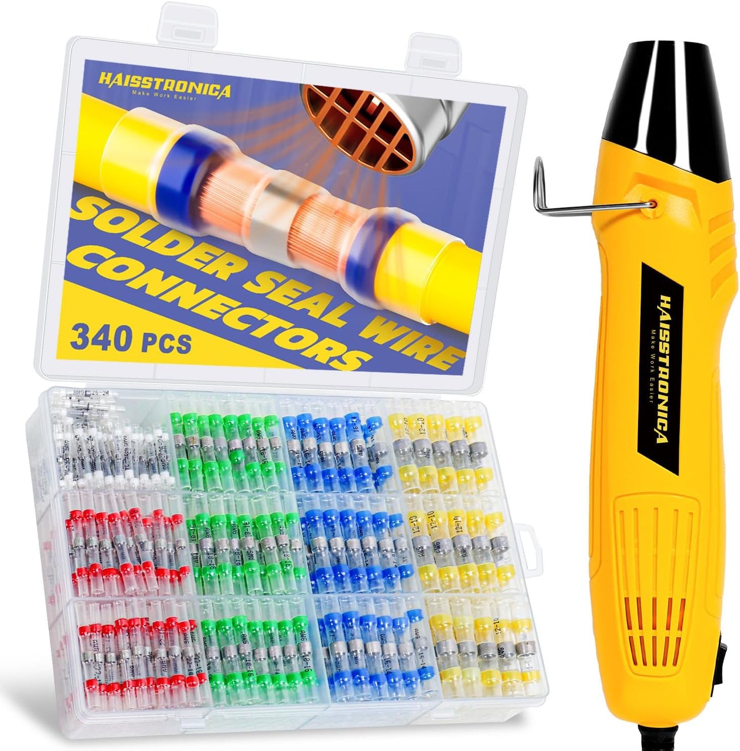 haisstronica 340 PCS Solder Seal Wire Connectors with Heat Gun Kit - Solder Sticks Wire Terminals Waterproof Electrical Connectors for Automotive, Marine, Wiring Repair