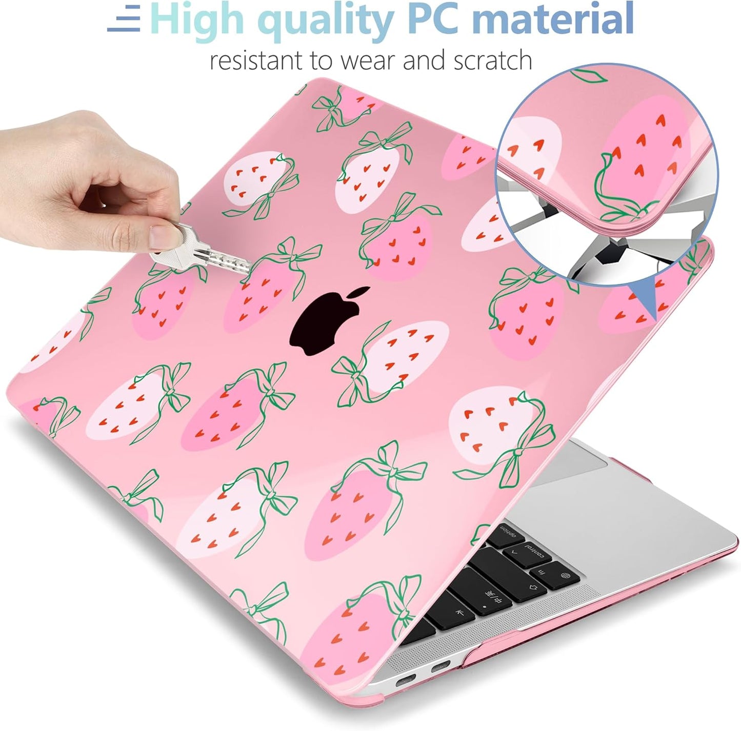 MEEgoodo for MacBook Air 13 inch Case 2021 2020 2019 2018 Released A2337 M1 A2179 A1932 with Touch ID, Plastic Hard Shell & Keyboard Cover Compatible with MacBook Air Case 13.3, Strawberry & Bow