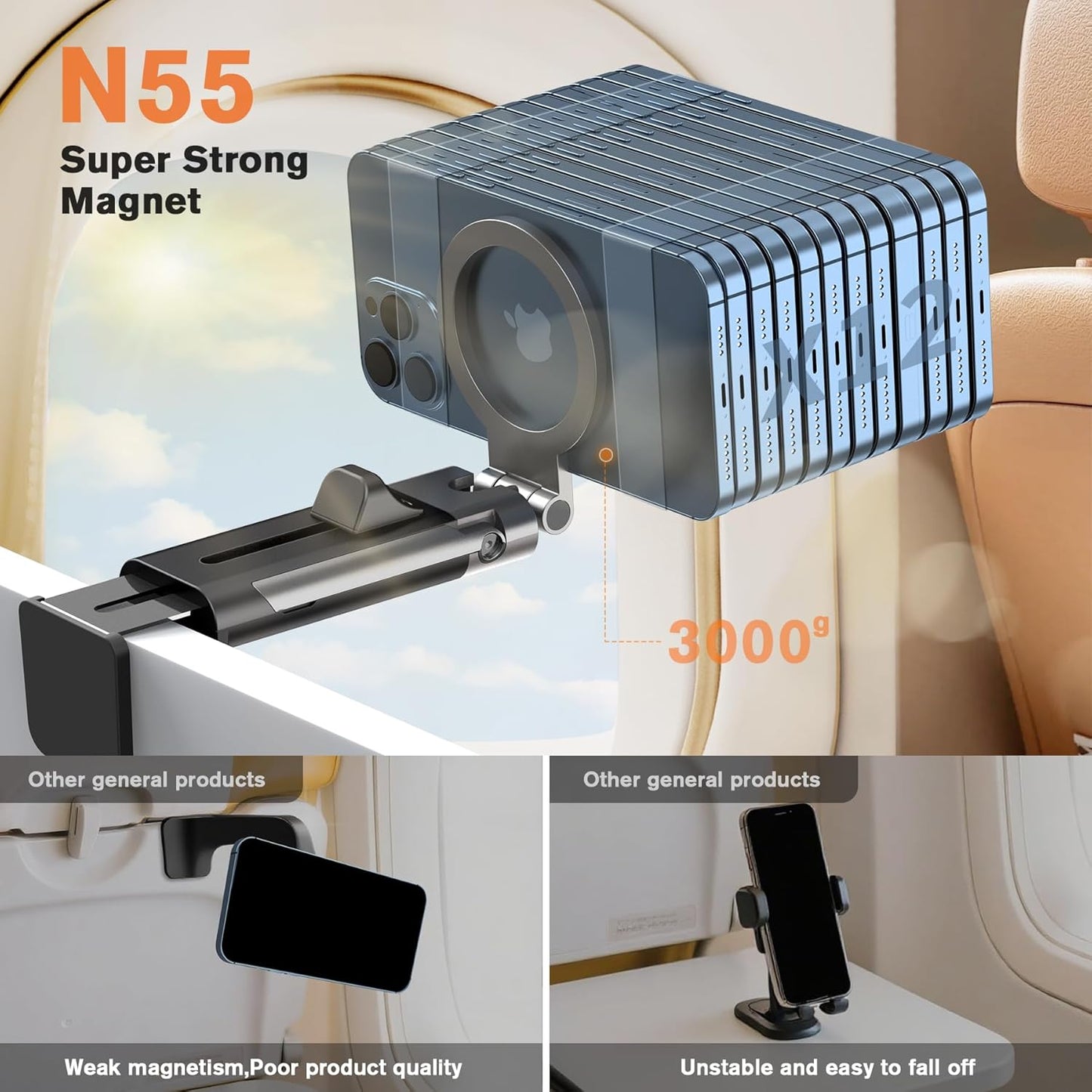 Airplane Phone Holder Mount,360° Adjustable Hands-Free Mount,Handsfree Airport Mount Long Flight Must Haves for Woman Man Fits iPhone 16 15 14 Pro Max Series