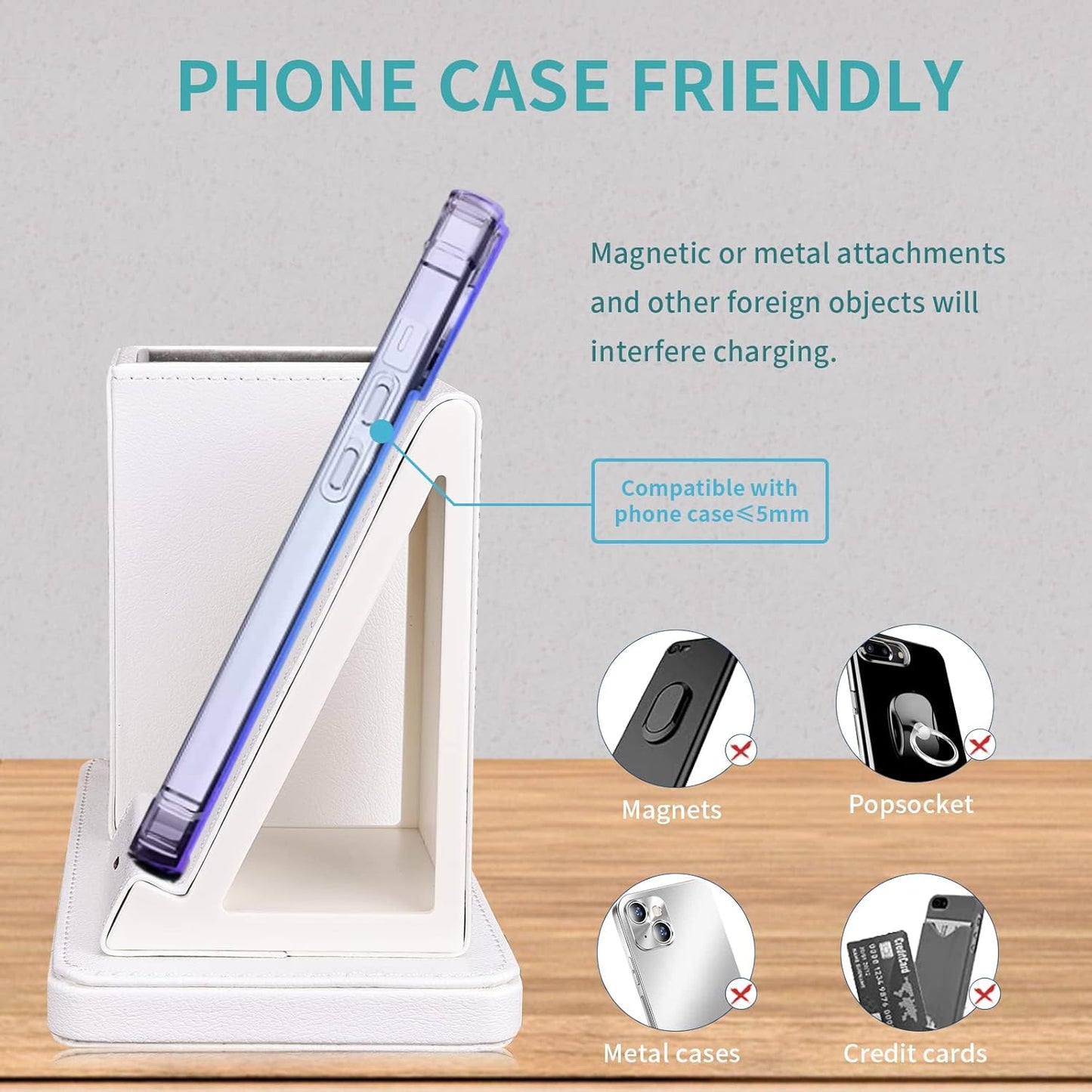 Wireless Charger with Desk Organizer, Wireless Charging Station for iPhone 14/14 Pro/13/12/11/Samsung Galaxy S23/S22/S21/S20/Note 20/Note 10, Charging Stand with Leather, White