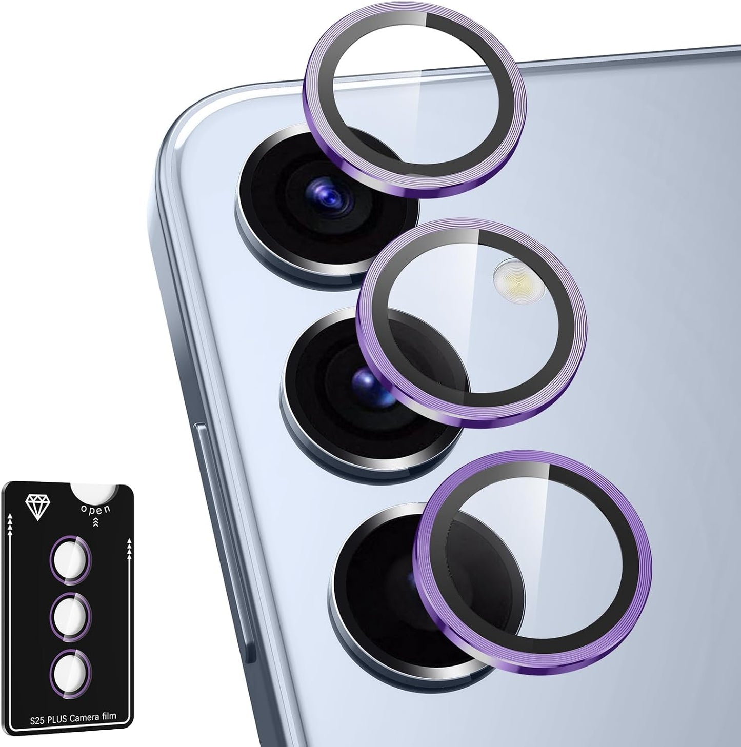 for Samsung Galaxy S25 Plus Camera Lens Protector, Individual Metal Ring Tempered Glass Lens Cover, [Strong Adsorption] Scratch Resistant Ultra-Thin HD Clear Lens Cover, 1 Set-Purple