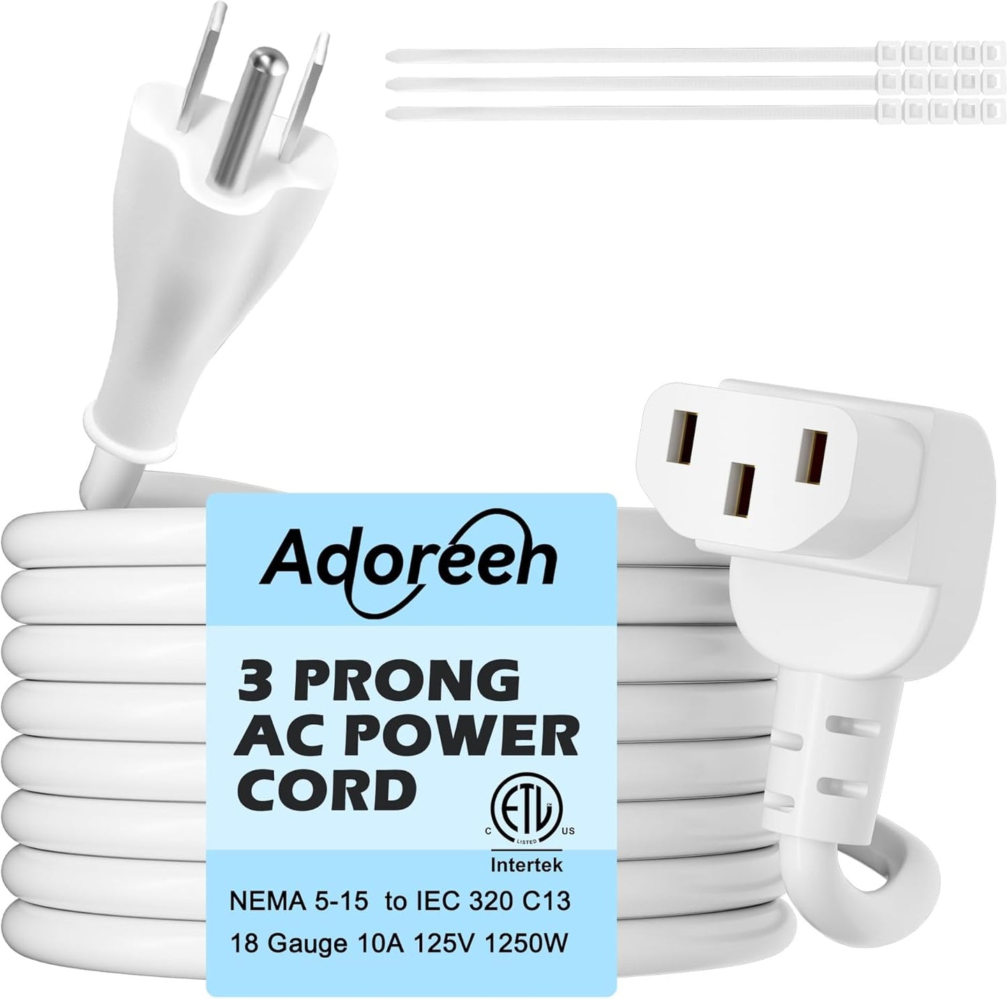 Adoreen 10 Ft Computer TV Replacement Power Cord White, 90 Degree Angled L-Shaped 18AWG 3-Prong AC Universal Power Supply Cable NEMA 5-15P to IEC 320 C13 for Printer, PC, Monitor TV LCD, ETL+Ties