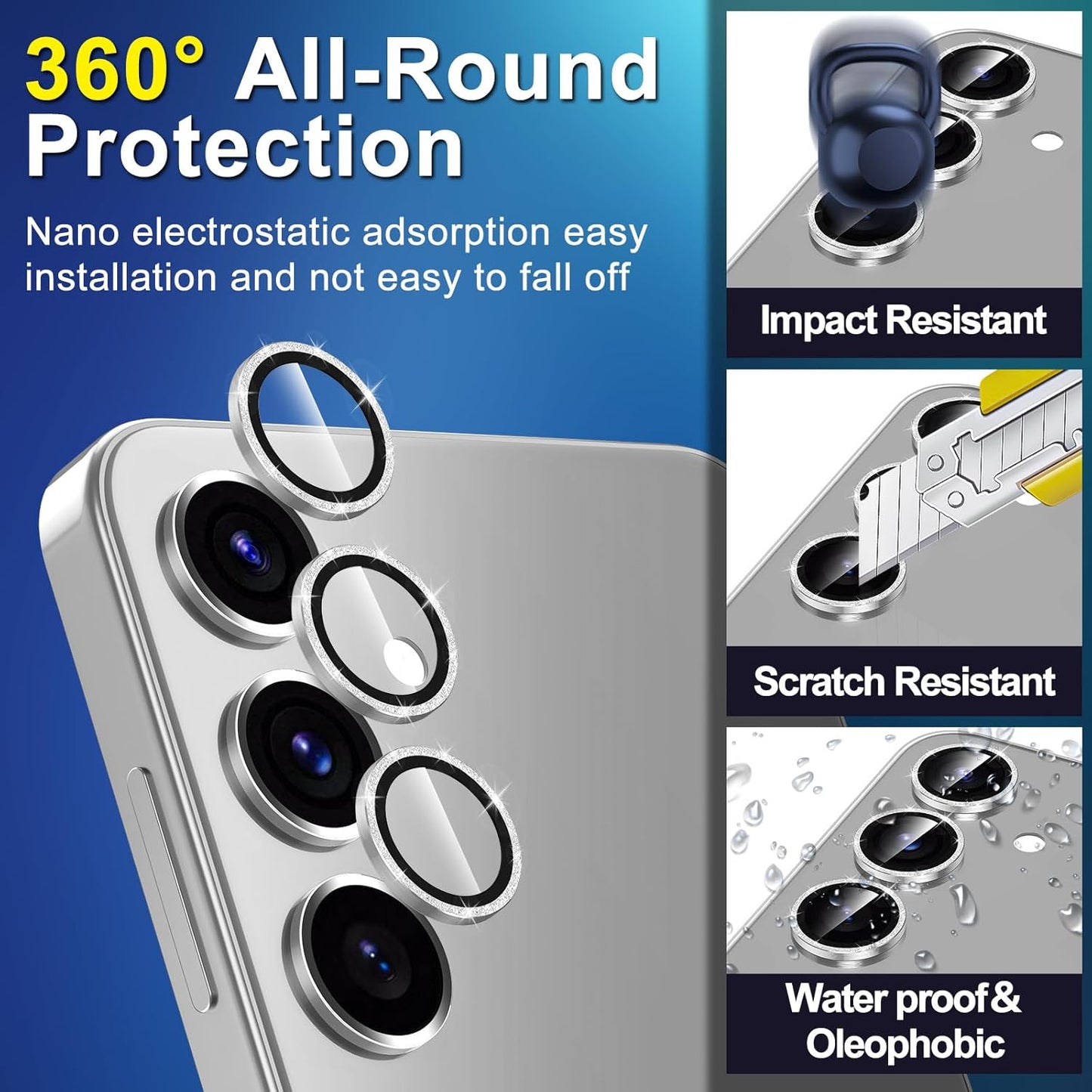 for Samsung Galaxy S25 Plus Camera Lens Protector, Individual Metal Ring Tempered Glass Lens Cover, [Strong Adsorption] Scratch Resistant Ultra-Thin HD Clear Lens Cover, 1 Set-Silvery Sparkly