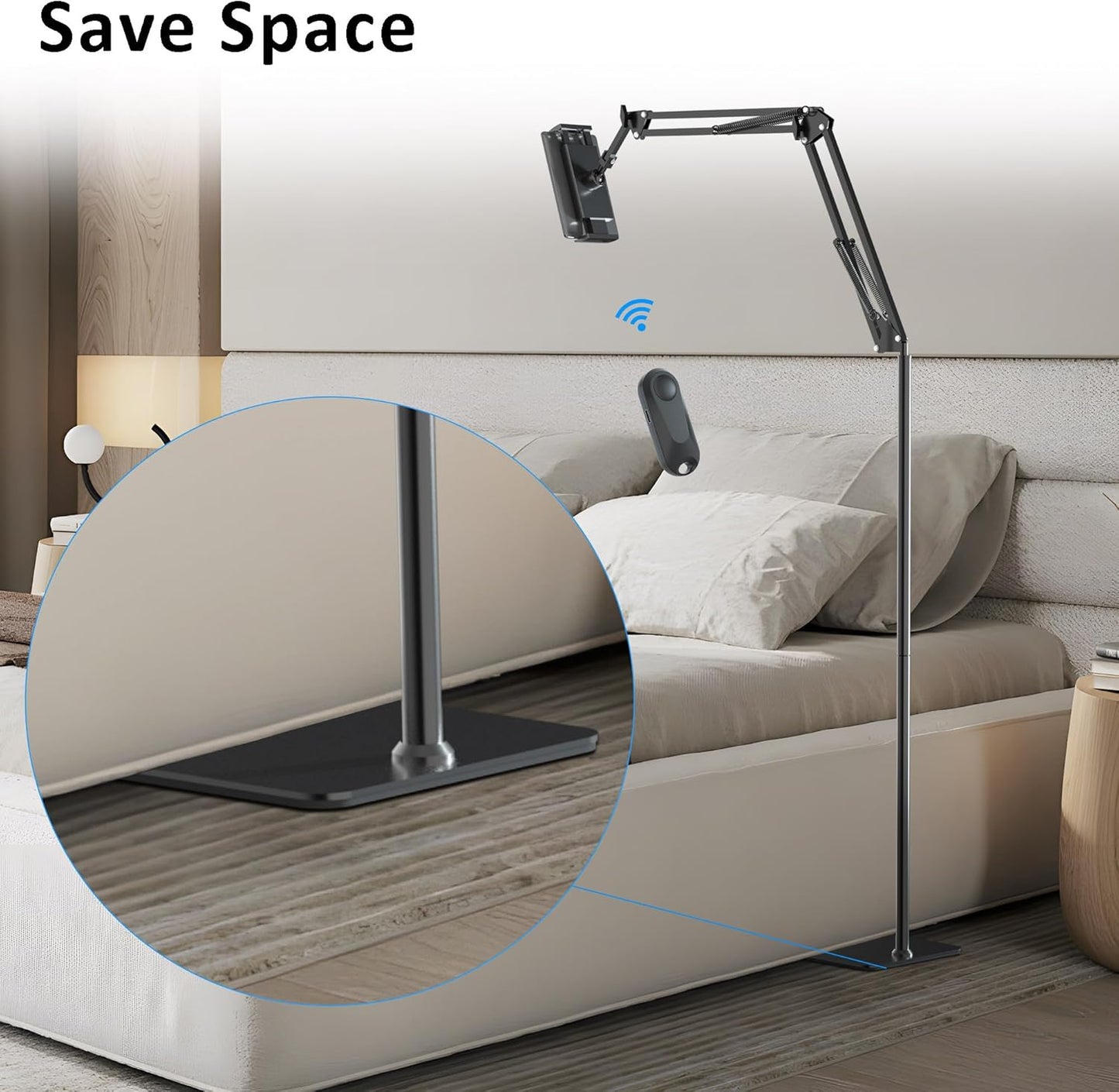 Floor Stand for Kindle Reading in Bed with Remote Page Turner, Hands Free Tablet Arm Holder for Kindle Accessory, Compatible with iPhone Paperwhite eReader Tablet 4.5-12.9 inch (kt-sd2)