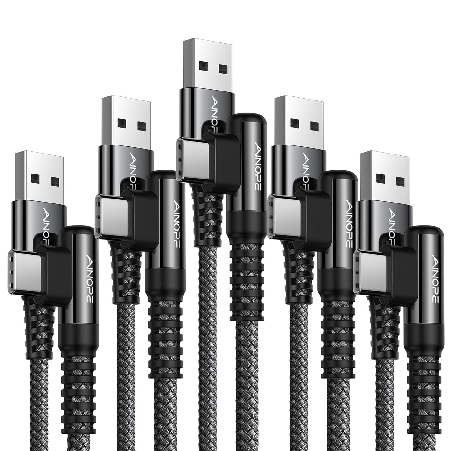 AINOPE USB Type C Cable 5-Pack [10/6.6/6.6/3.3/1.6ft] 3.1A C Type Charging Cable Right Angle, Nylon Braided USB C Cable Compatible with Galaxy S22 S20 Plus, Note 20, LG V20, Type C Charger Black