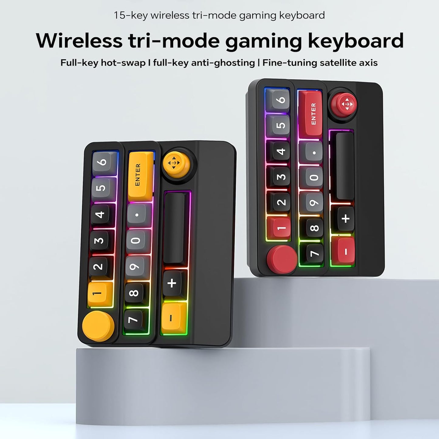 Adventurers W909 Wireless RGB Mechanical Numeric Keypad, Hot-Swappable, Macro-Programmable Numpad, Joystick & Knob Control for PC/Tablet/Laptop/Phone, Tri-Mode Connectivity (Red on Black)