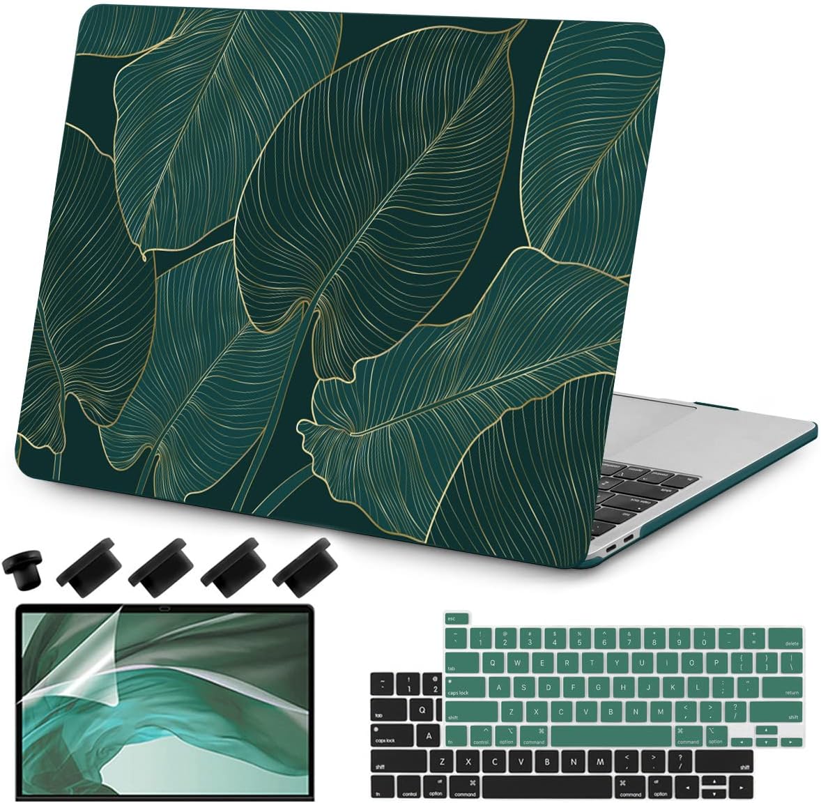 Teryeefi for MacBook Pro 13 inch Case M2 M1 2022 2020 2019-2016 Model A2338 A2289 A2251 A2159 A1989 A1706 with Touch Bar, Hard Shell Case & Keyboard Cover & Screen Protector, Green Leaf