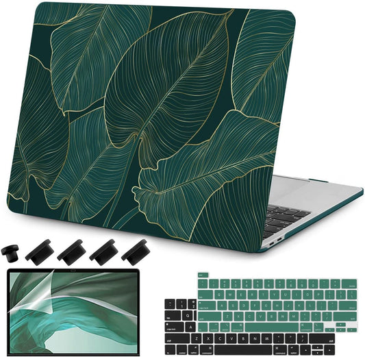 Teryeefi for MacBook Pro 13 inch Case M2 M1 2022 2020 2019-2016 Model A2338 A2289 A2251 A2159 A1989 A1706 with Touch Bar, Hard Shell Case & Keyboard Cover & Screen Protector, Green Leaf