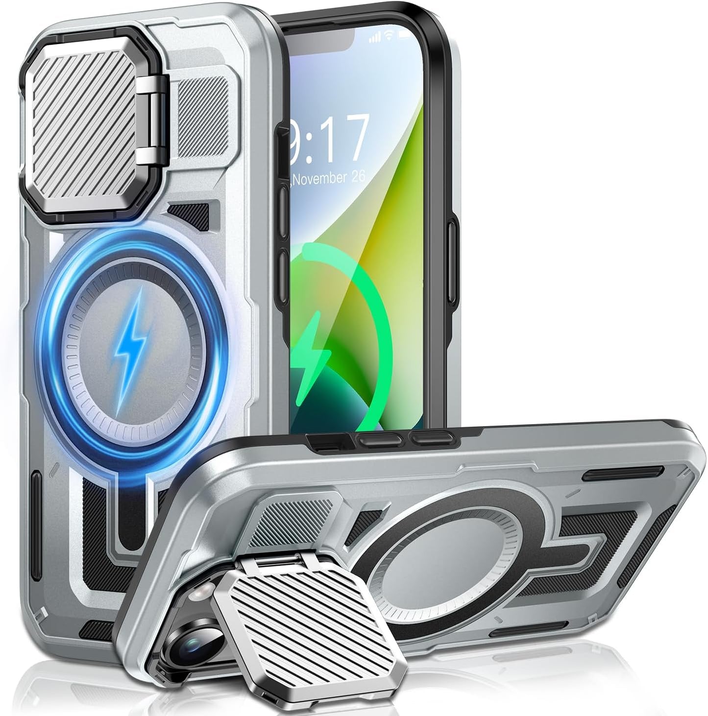 Camera Stand Case for iPhone 13/14, [Compatible with MagSafe] [Lens Cover] 2024 Version Military Grade Protective Soft Case for iPhone 13/14 6.1 inch Men Women, Grey