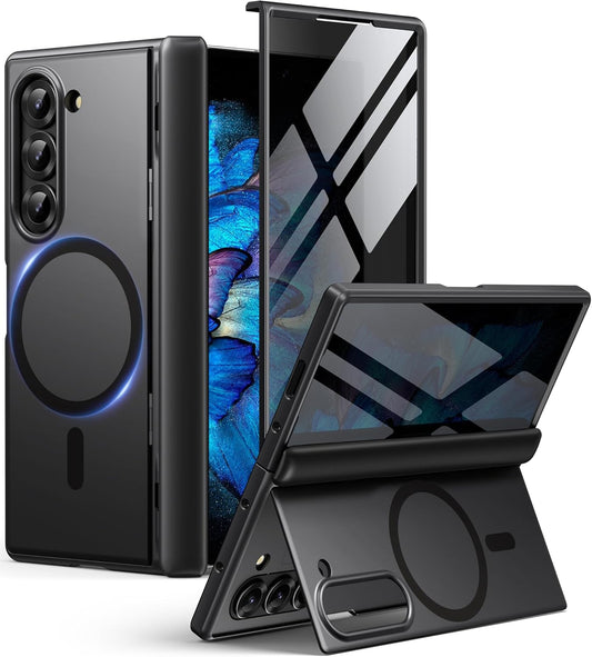 BERFY Magnetic for Samsung Galaxy Z Fold 6 Case with Privacy Screen Protector, [Compatible with MagSafe][Anti Spy] Built-in Hidden Kickstand, Full-Body Shockproof Slim Phone Case for Z Fold 6, Black