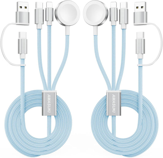 2Pack Blue-Travel Essentials 3 in 2 USB C Cable for Watch Charger Phone Charger USB C Multi Fast Charging Cable Compatible with Watch Ultra/SE/10/9/8/7/6/5/4/3/2/1 & Phone 16/15/14/Galaxy S23-4FT