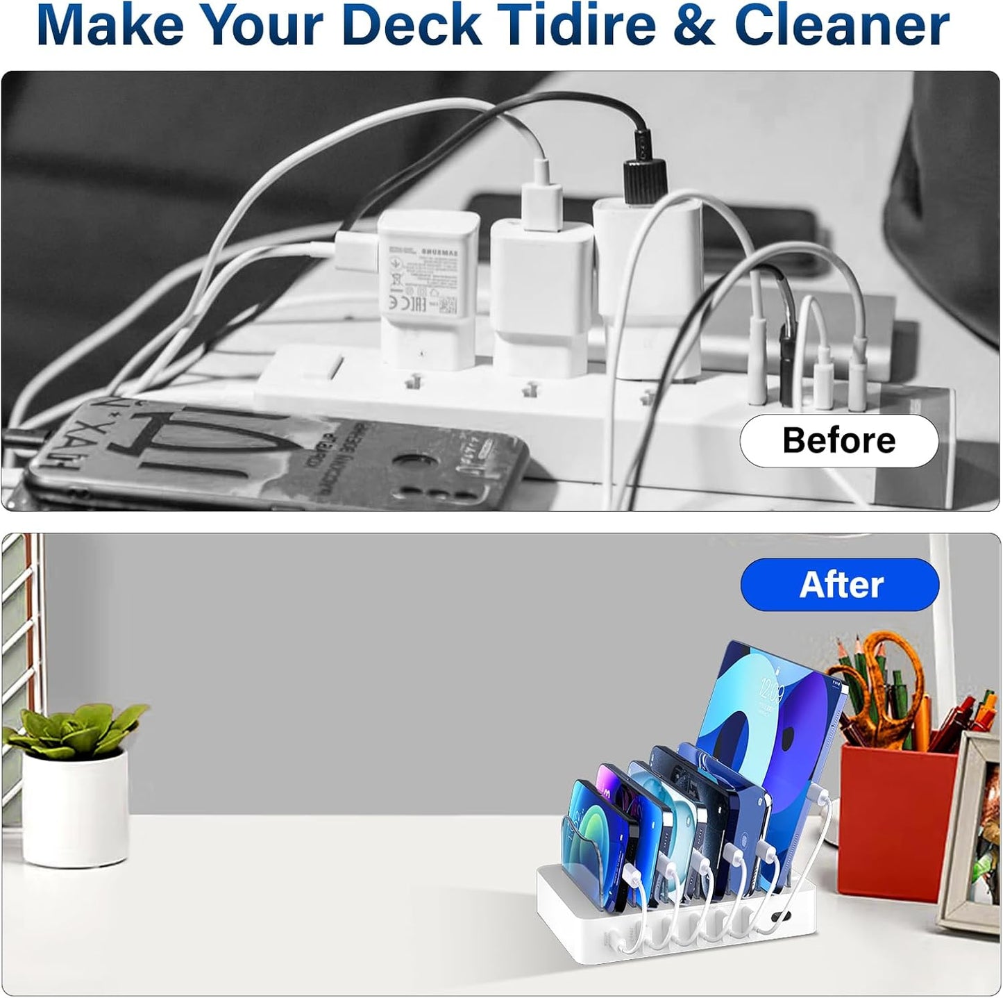 Charging Station for Multiple Devices: 68W 6 Port 20W Fast Phone Charger Dock with 6 Cables, Compatible with Apple Cellphone iPad iPhone Tablet and Other Electronic (White)