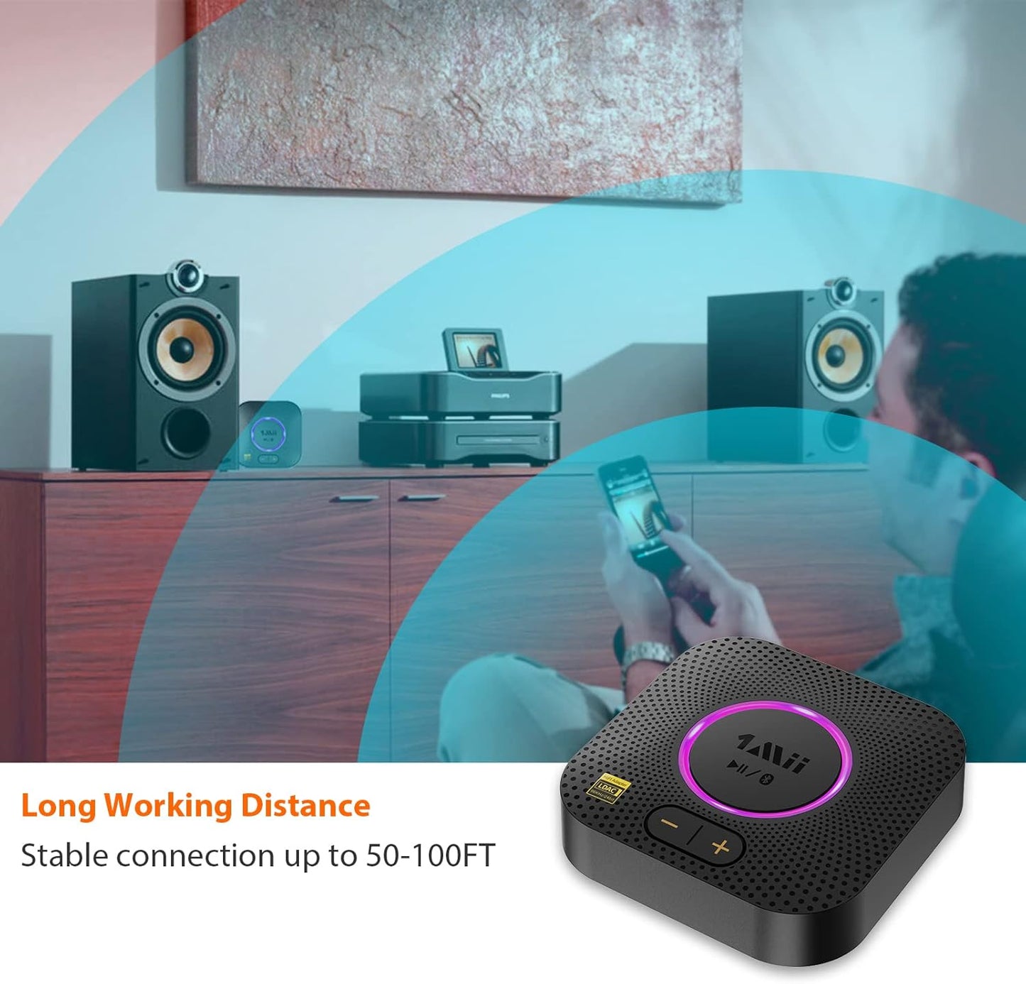 1Mii B06S+ LDAC Bluetooth 5.2 Receiver for Home Stereo Hi-Res Music Streaming, Hi-Fi Wireless Audio Adapter w/aptX HD Low Latency, Long Range Bluetooth Audio Receiver Volume Control, RCA/3.5mm Outputs