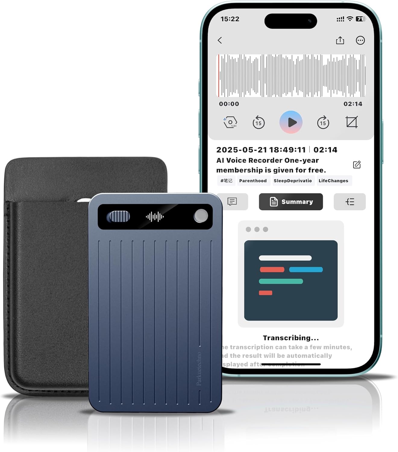 AI Voice Recorder, Parkuetechno Voice Recorder with Case, App Control, Transcribe & Summarize with AI Technology, 64GB Memory, Supports 140 Languages, Audio Recorder for Phone Calls Lectures
