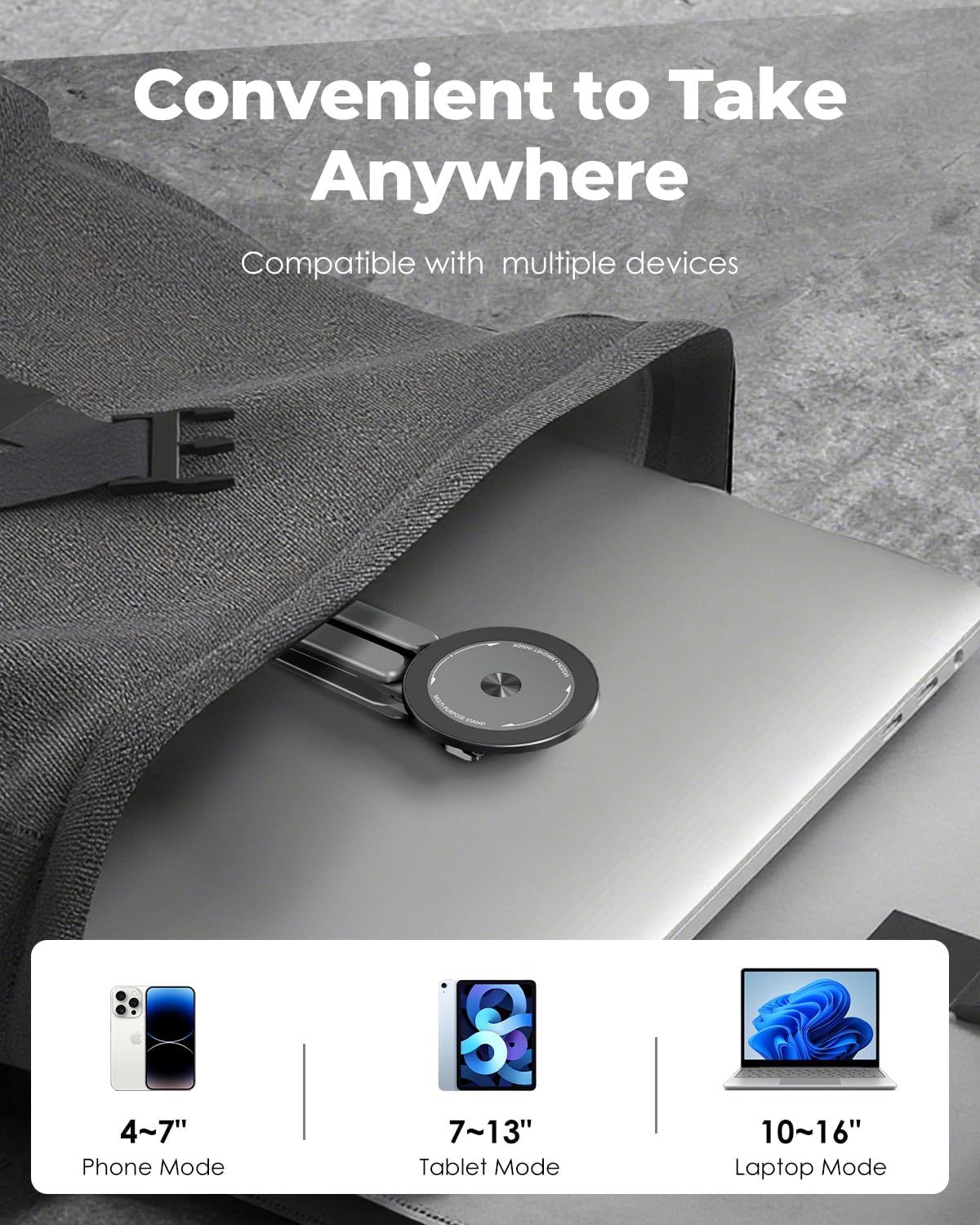 Viozon Portable Laptop Stand for Desk & Travel, Magnetic Phone Holder Tripod, Compatible with 10–16" Laptops and 4–13" Phones/Tablets, Compact Foldable Aluminum Alloy, 8-Level Height Adjustment