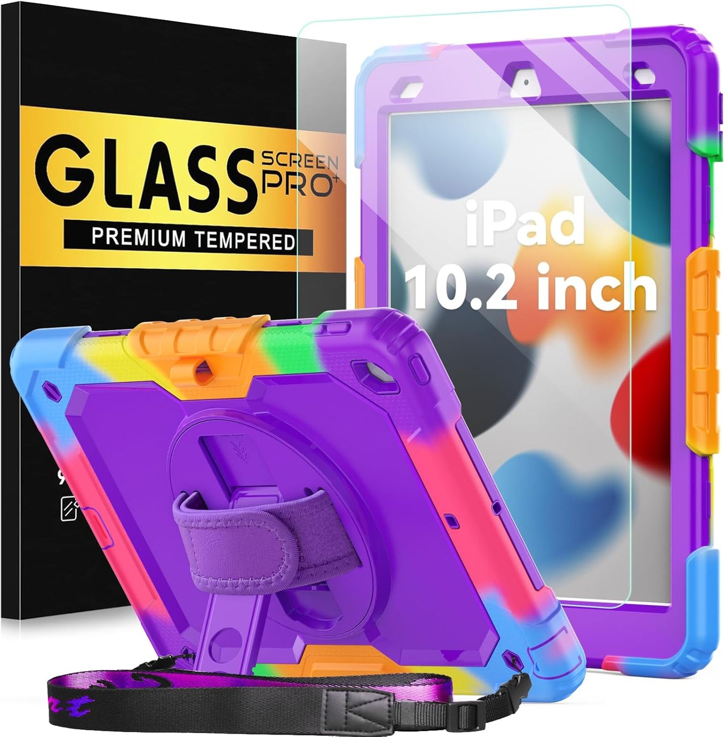 BLOSOMEET Case for iPad 9th/8th Generation 2021/2020 10.2 Inch with Tempered Glass Screen Protector |Rugged Shockproof iPad 7th Gen Kids Cover 2019 w/Stand Pencil Holder & Hand Shoulder Strap|Purple