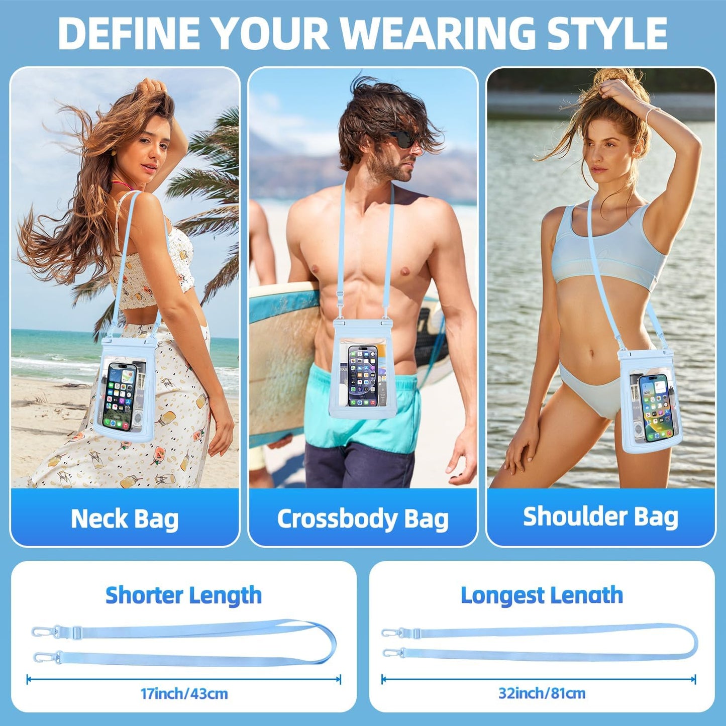 2L Floating Waterproof Phone Pouch for Up to 7.5", Large Space Adjustable Neck Lanyard Waterproof Bag. Dry Bag for Family Vacations, Beach, Pools, Kayaking, Cruises (Blue)